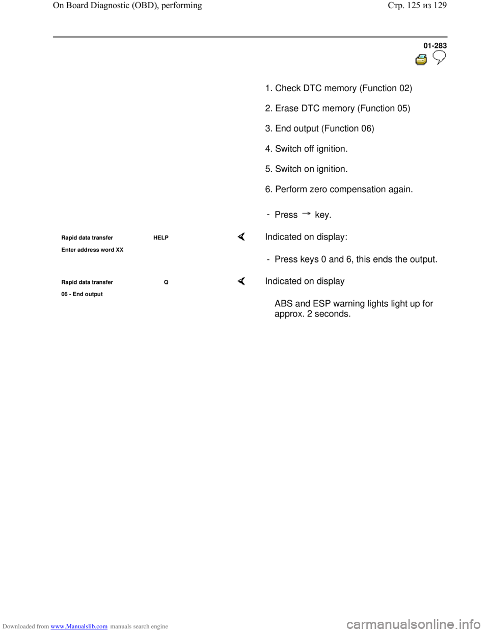 VOLKSWAGEN BORA 1998  Service Manual Downloaded from www.Manualslib.com manuals search engine 01-283
  
 
      1. Check DTC memory (Function 02)  
      2. Erase DTC memory (Function 05)  
      3. End output (Function 06)  
      4. Sw