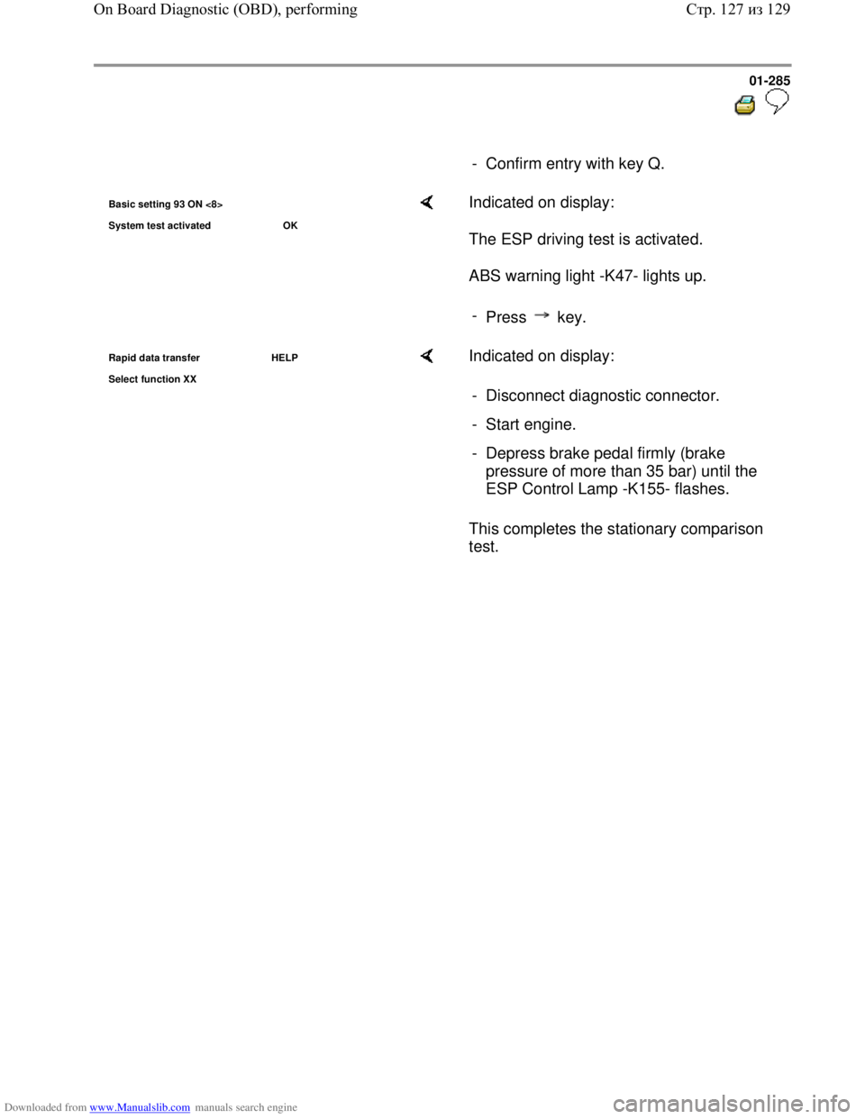 VOLKSWAGEN BORA 1998  Service Manual Downloaded from www.Manualslib.com manuals search engine 01-285
  
 
     
-  Confirm entry with key Q. 
Basic setting 93 ON <8>
S
ystem test activated  OK
    Indicated on display:  
The ESP driving 