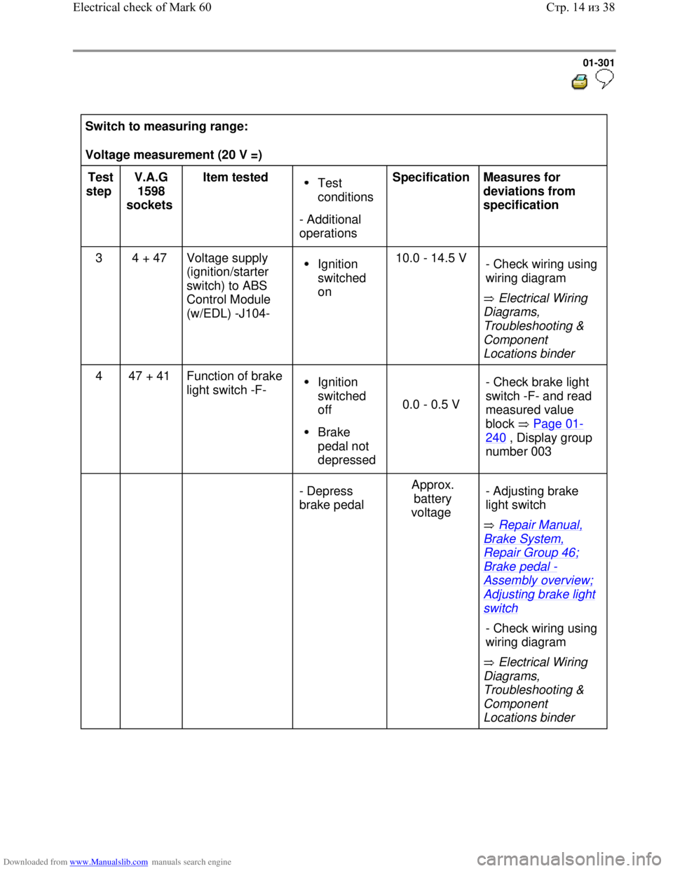 VOLKSWAGEN BORA 1998 Service Manual Downloaded from www.Manualslib.com manuals search engine 01-301
Switch to measuring range:
Voltage measurement (20 V =)
Test
step V.A.G
1598
sockets Item tested
Test
conditions
- Add VOLKSWAGEN BORA 1998 Service Manual Downloaded from www.Manualslib.com manuals search engine 01-301
Switch to measuring range:
Voltage measurement (20 V =)
Test
step V.A.G
1598
sockets Item tested
Test
conditions
- Add