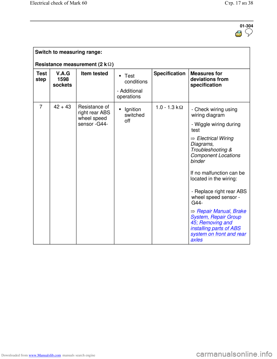 VOLKSWAGEN BORA 1998 Service Manual Downloaded from www.Manualslib.com manuals search engine 01-304
Switch to measuring range:
Resistance measurement (2 k )
Test
step V.A.G
1598
sockets Item tested Test
conditions
- Add VOLKSWAGEN BORA 1998 Service Manual Downloaded from www.Manualslib.com manuals search engine 01-304
Switch to measuring range:
Resistance measurement (2 k )
Test
step V.A.G
1598
sockets Item tested Test
conditions
- Add