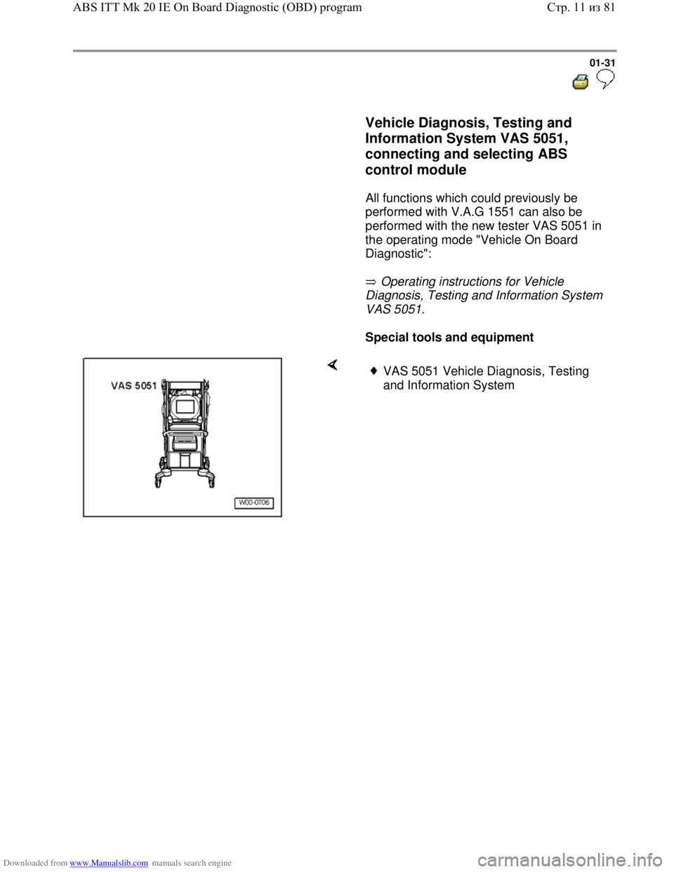VOLKSWAGEN BORA 1998 Owners Guide Downloaded from www.Manualslib.com manuals search engine 01-31
Vehicle Diagnosis, Testing and
Information System VAS 5051,
connecting and selecting ABS
control module
All functio VOLKSWAGEN BORA 1998 Owners Guide Downloaded from www.Manualslib.com manuals search engine 01-31
Vehicle Diagnosis, Testing and
Information System VAS 5051,
connecting and selecting ABS
control module
All functio