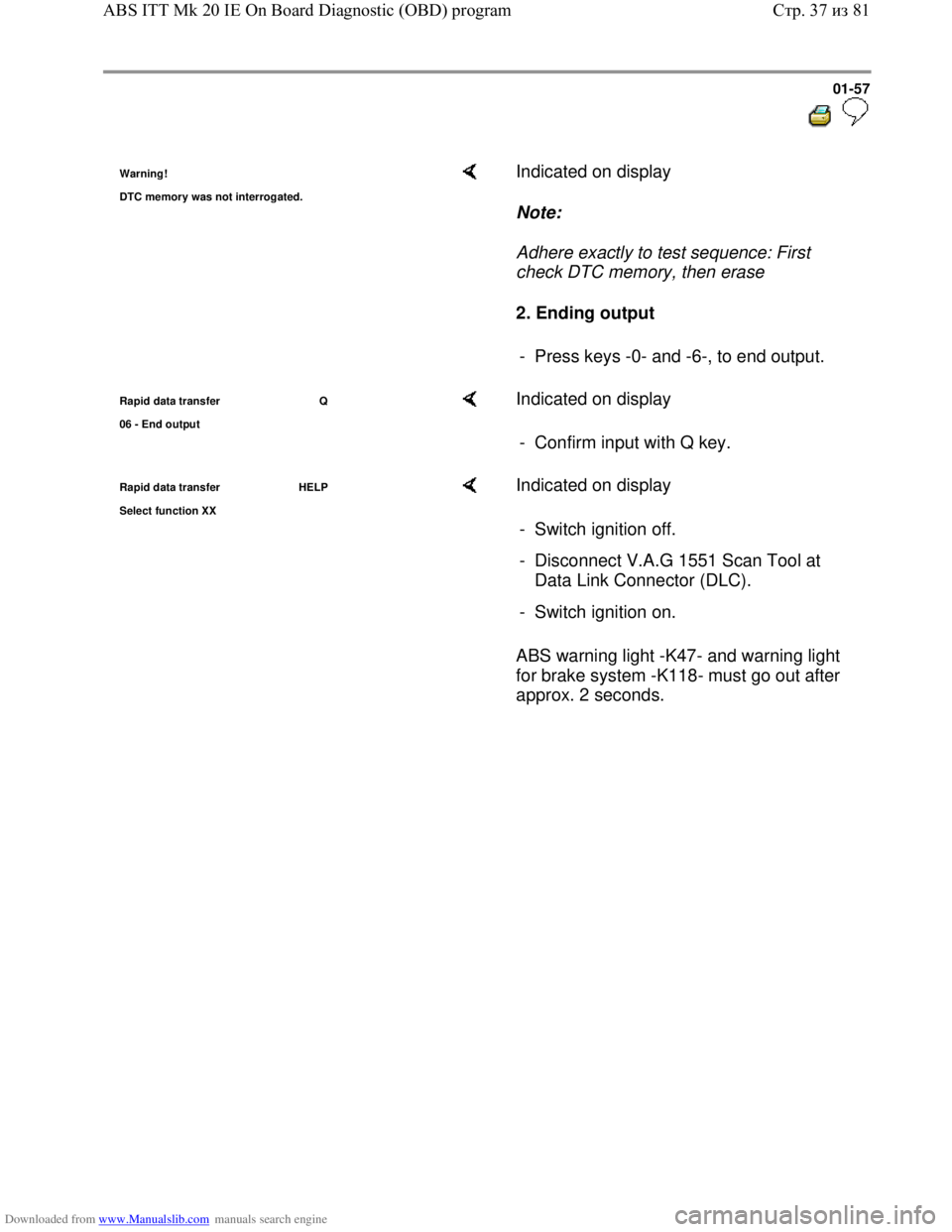 VOLKSWAGEN BORA 1998 Workshop Manual Downloaded from www.Manualslib.com manuals search engine 01-57
  
 
Warning!
DTC memor
y was not interrogated.
    Indicated on display  
Note:  
Adhere exactly to test sequence: First 
check DTC memo