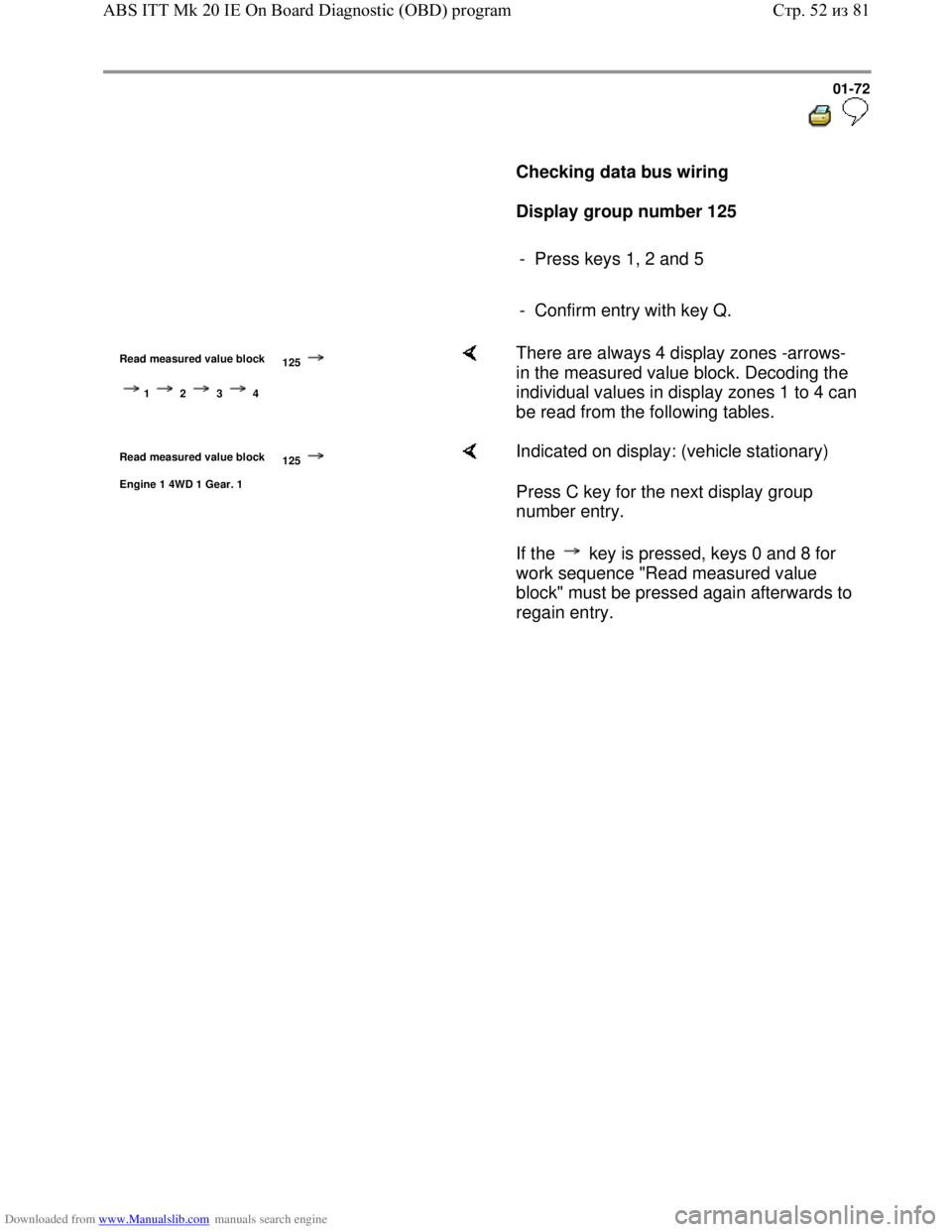 VOLKSWAGEN BORA 1998 Manual PDF Downloaded from www.Manualslib.com manuals search engine 01-72
  
 
     
Checking data bus wiring  
     
Display group number 125 
     
-  Press keys 1, 2 and 5 
     
-  Confirm entry with key Q. 