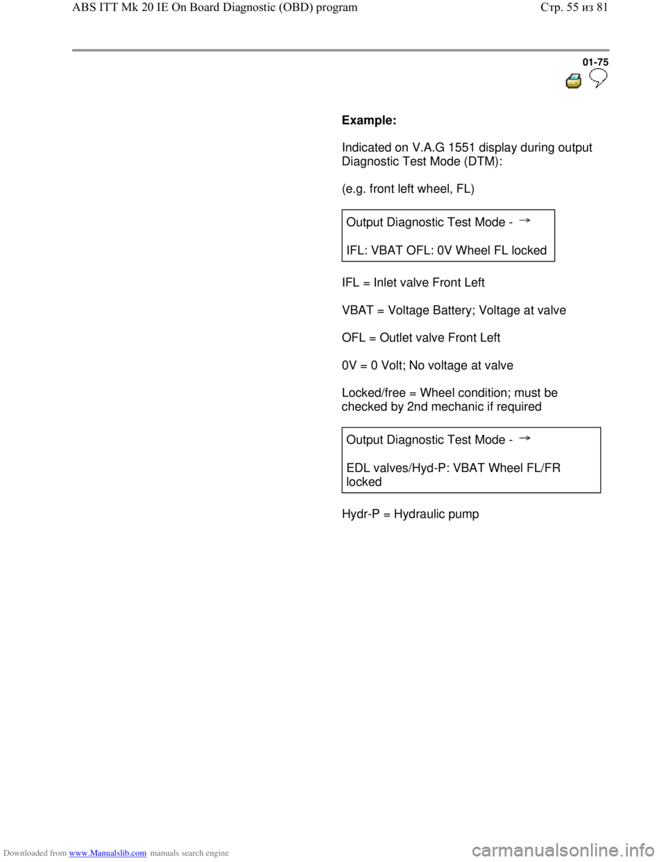 VOLKSWAGEN BORA 1998 Manual PDF Downloaded from www.Manualslib.com manuals search engine 01-75
  
 
     
Example:  
      Indicated on V.A.G 1551 display during output 
Diagnostic Test Mode (DTM):  
      (e.g. front left wheel, FL