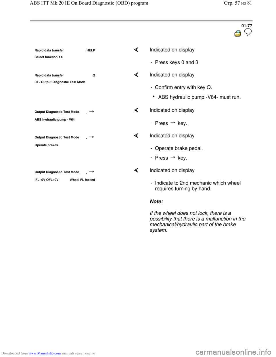 VOLKSWAGEN BORA 1998 Manual PDF Downloaded from www.Manualslib.com manuals search engine 01-77
  
 
Rapid data transfer  HELP
Select function XX    Indicated on display  
-  Press keys 0 and 3 
Rapid data transfer  Q
03 - Out
put Di