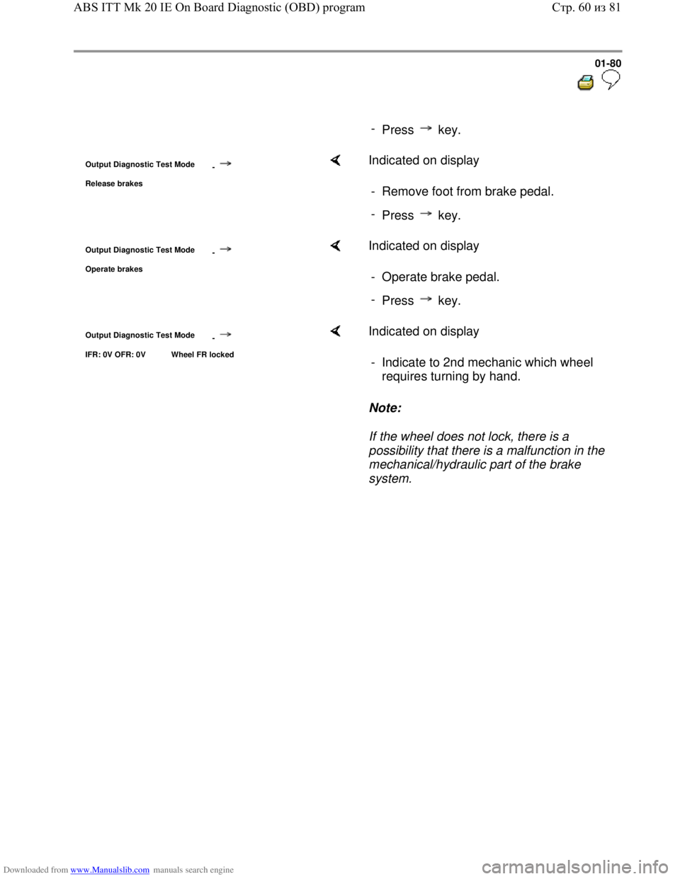 VOLKSWAGEN BORA 1998 Manual Online Downloaded from www.Manualslib.com manuals search engine 01-80
-
Press key.
Output Diagnostic Test Mode
-
Release brakes
Indicated on display
- Remove foot from brake pedal.
-
Pr VOLKSWAGEN BORA 1998 Manual Online Downloaded from www.Manualslib.com manuals search engine 01-80
-
Press key.
Output Diagnostic Test Mode
-
Release brakes
Indicated on display
- Remove foot from brake pedal.
-
Pr