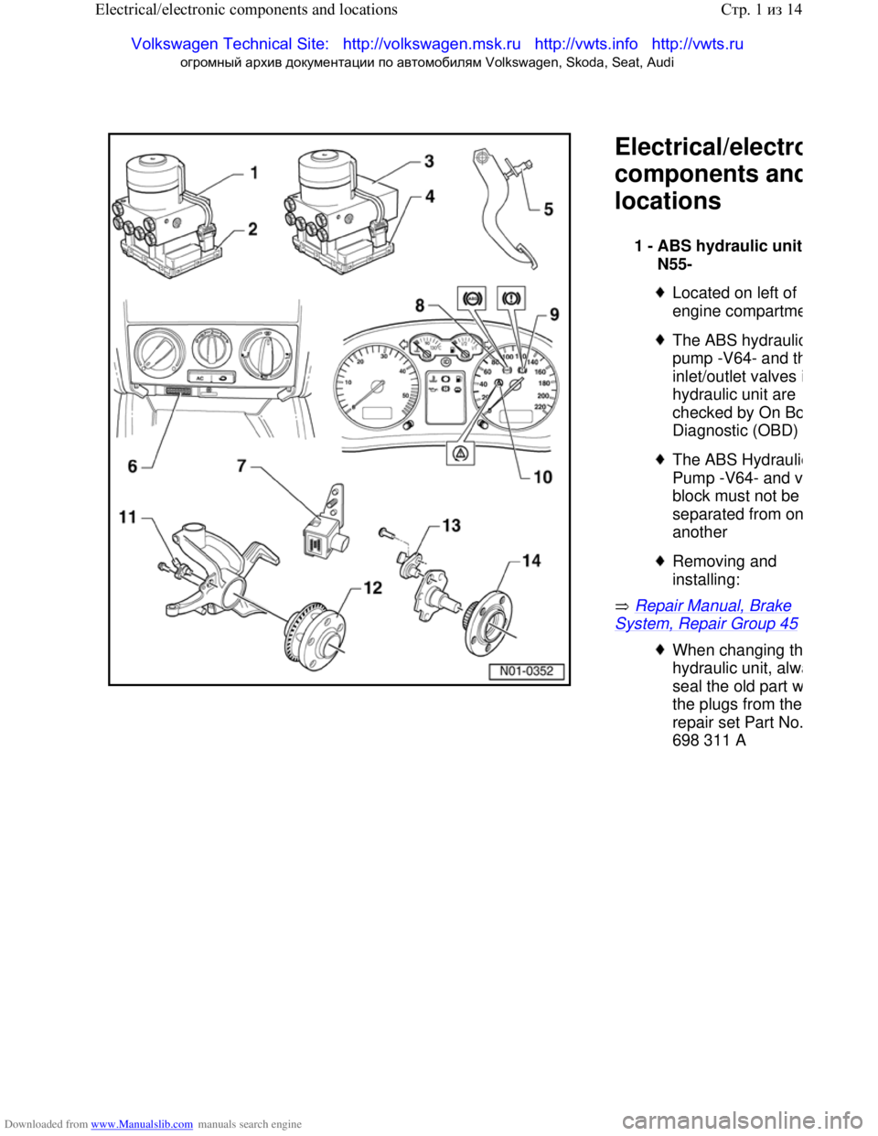 VOLKSWAGEN BORA 1998  Service Manual Downloaded from www.Manualslib.com manuals search engine 
  Electrical/electro
components and
locations 
 Repair Manual, Brake 
System, Repair Group 45 
1 -
 
ABS hydraulic unit 
N55-  
 
Located on l