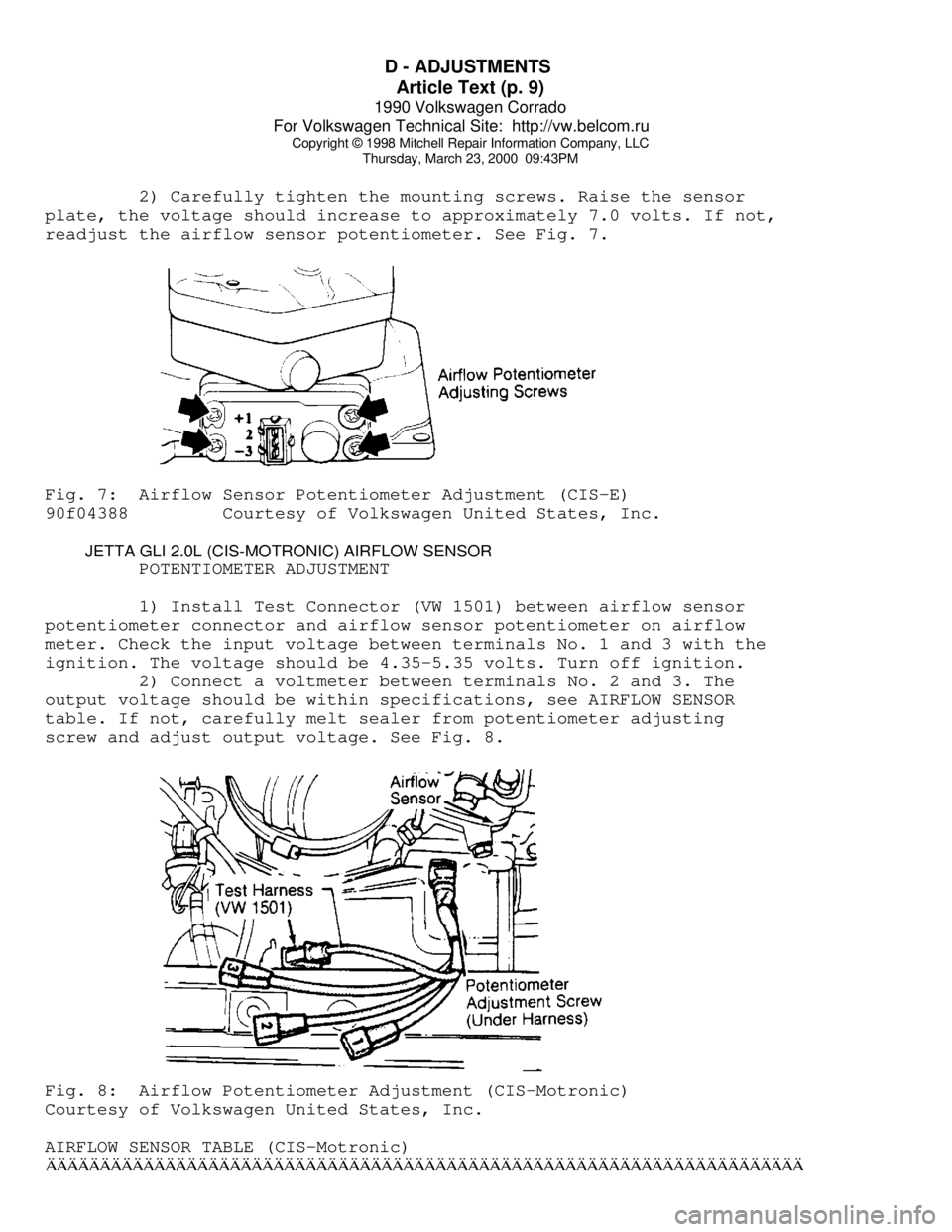 VOLKSWAGEN CORRADO 1990 Repair Manual D - ADJUSTMENTS
Article Text (p. 9)
1990 Volkswagen Corrado
For Volkswagen Technical Site: http://vw.belcom.ru
Copyright © 1998 Mitchell Repair Information Company, LLC
Thursday, March 23, 2000 VOLKSWAGEN CORRADO 1990 Repair Manual D - ADJUSTMENTS
Article Text (p. 9)
1990 Volkswagen Corrado
For Volkswagen Technical Site: http://vw.belcom.ru
Copyright © 1998 Mitchell Repair Information Company, LLC
Thursday, March 23, 2000
