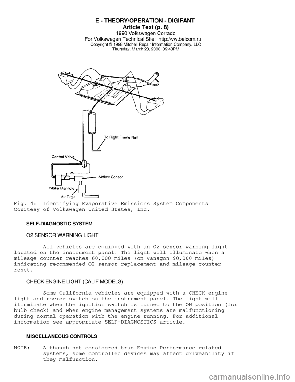 VOLKSWAGEN CORRADO 1990 Repair Manual E - THEORY/OPERATION - DIGIFANT
Article Text (p. 8)
1990 Volkswagen Corrado
For Volkswagen Technical Site: http://vw.belcom.ru
Copyright © 1998 Mitchell Repair Information Company, LLC
Thursday VOLKSWAGEN CORRADO 1990 Repair Manual E - THEORY/OPERATION - DIGIFANT
Article Text (p. 8)
1990 Volkswagen Corrado
For Volkswagen Technical Site: http://vw.belcom.ru
Copyright © 1998 Mitchell Repair Information Company, LLC
Thursday