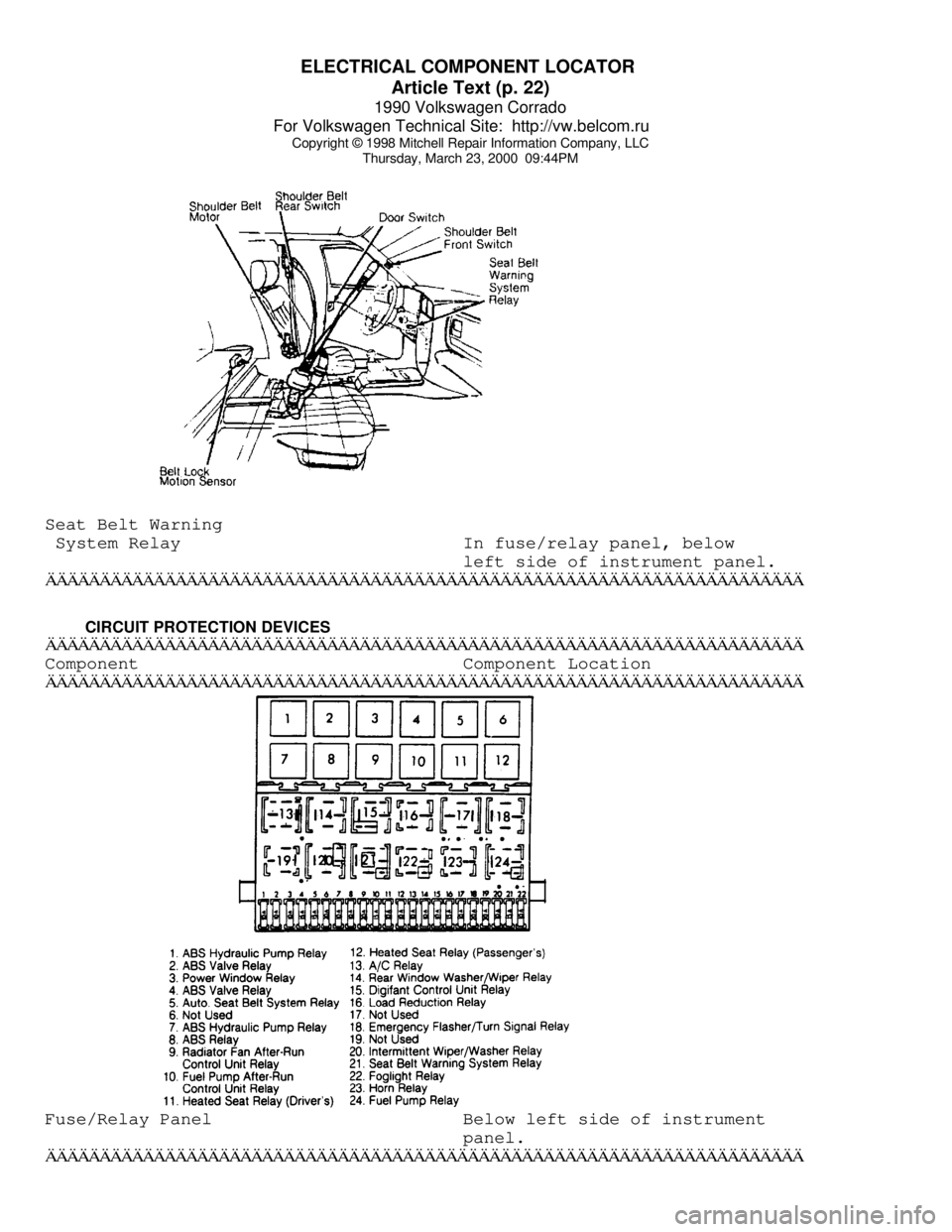 VOLKSWAGEN CORRADO 1990 Repair Manual ELECTRICAL COMPONENT LOCATOR
Article Text (p. 22)
1990 Volkswagen Corrado
For Volkswagen Technical Site: http://vw.belcom.ru
Copyright © 1998 Mitchell Repair Information Company, LLC
Thursday, VOLKSWAGEN CORRADO 1990 Repair Manual ELECTRICAL COMPONENT LOCATOR
Article Text (p. 22)
1990 Volkswagen Corrado
For Volkswagen Technical Site: http://vw.belcom.ru
Copyright © 1998 Mitchell Repair Information Company, LLC
Thursday,