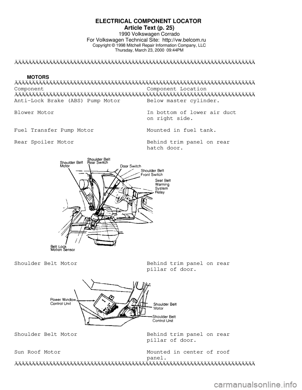 VOLKSWAGEN CORRADO 1990 Repair Manual ELECTRICAL COMPONENT LOCATOR
Article Text (p. 25)
1990 Volkswagen Corrado
For Volkswagen Technical Site: http://vw.belcom.ru
Copyright © 1998 Mitchell Repair Information Company, LLC
Thursday, VOLKSWAGEN CORRADO 1990 Repair Manual ELECTRICAL COMPONENT LOCATOR
Article Text (p. 25)
1990 Volkswagen Corrado
For Volkswagen Technical Site: http://vw.belcom.ru
Copyright © 1998 Mitchell Repair Information Company, LLC
Thursday,