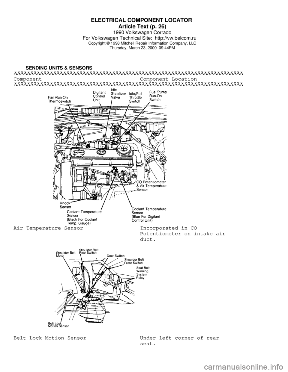 VOLKSWAGEN CORRADO 1990 Repair Manual ELECTRICAL COMPONENT LOCATOR
Article Text (p. 26)
1990 Volkswagen Corrado
For Volkswagen Technical Site: http://vw.belcom.ru
Copyright © 1998 Mitchell Repair Information Company, LLC
Thursday, VOLKSWAGEN CORRADO 1990 Repair Manual ELECTRICAL COMPONENT LOCATOR
Article Text (p. 26)
1990 Volkswagen Corrado
For Volkswagen Technical Site: http://vw.belcom.ru
Copyright © 1998 Mitchell Repair Information Company, LLC
Thursday,