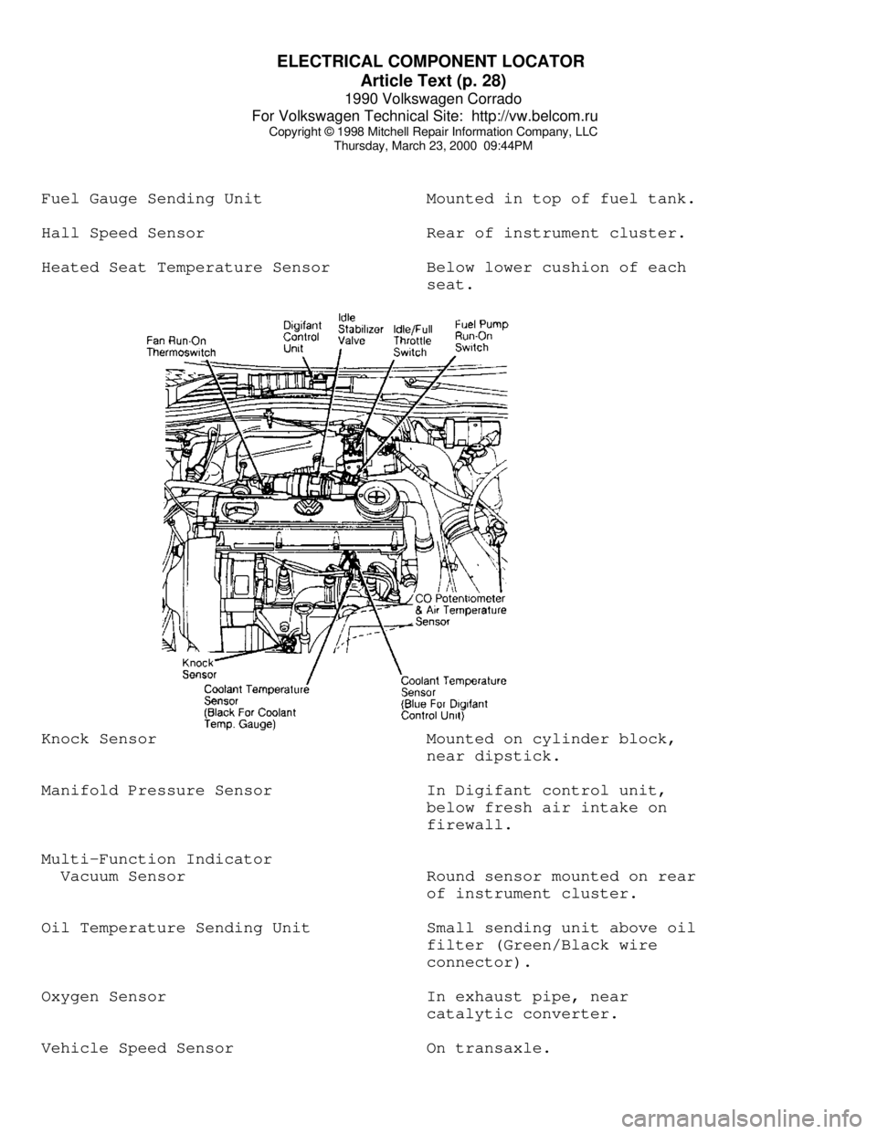 VOLKSWAGEN CORRADO 1990 Repair Manual ELECTRICAL COMPONENT LOCATOR
Article Text (p. 28)
1990 Volkswagen Corrado
For Volkswagen Technical Site: http://vw.belcom.ru
Copyright © 1998 Mitchell Repair Information Company, LLC
Thursday, VOLKSWAGEN CORRADO 1990 Repair Manual ELECTRICAL COMPONENT LOCATOR
Article Text (p. 28)
1990 Volkswagen Corrado
For Volkswagen Technical Site: http://vw.belcom.ru
Copyright © 1998 Mitchell Repair Information Company, LLC
Thursday,