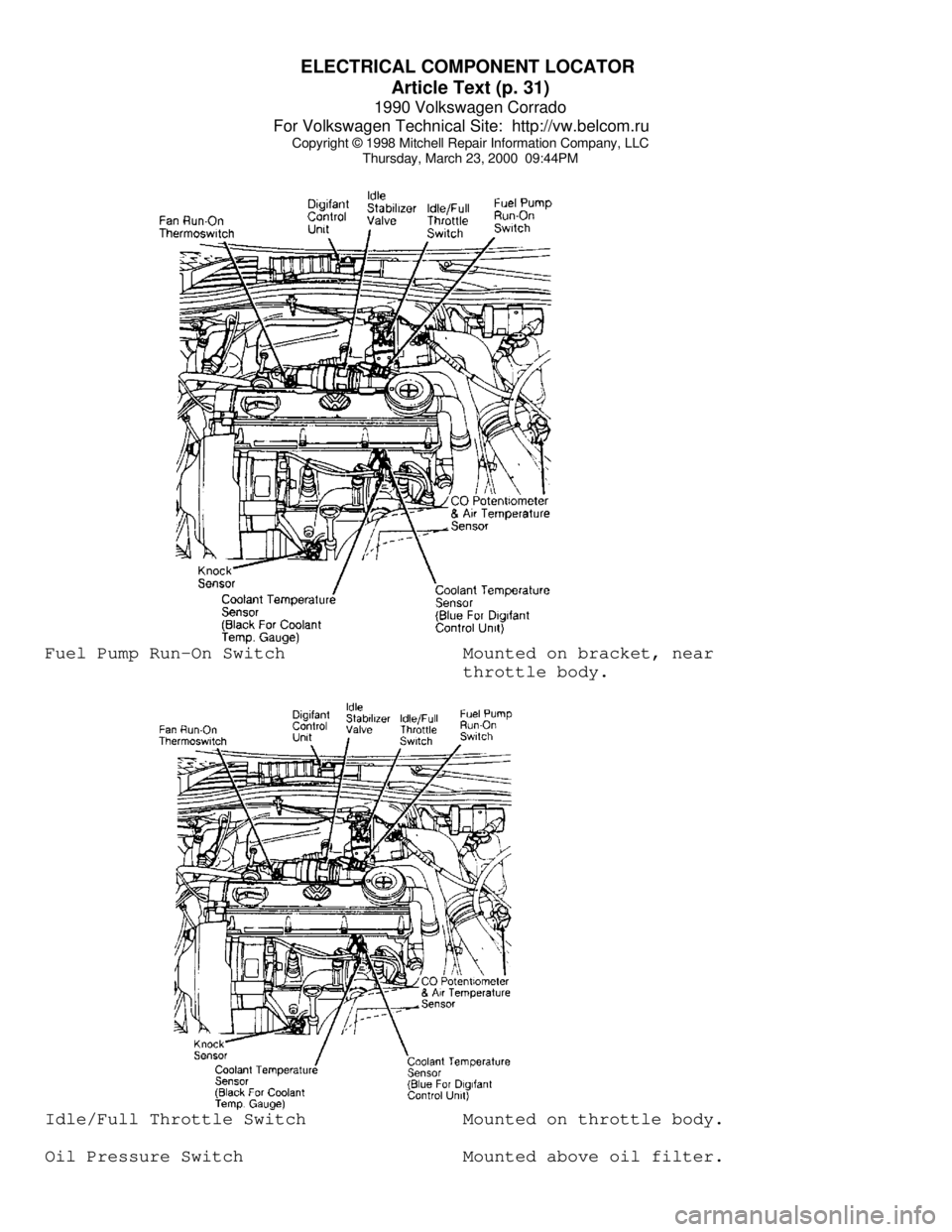 VOLKSWAGEN CORRADO 1990 Repair Manual ELECTRICAL COMPONENT LOCATOR
Article Text (p. 31)
1990 Volkswagen Corrado
For Volkswagen Technical Site: http://vw.belcom.ru
Copyright © 1998 Mitchell Repair Information Company, LLC
Thursday, VOLKSWAGEN CORRADO 1990 Repair Manual ELECTRICAL COMPONENT LOCATOR
Article Text (p. 31)
1990 Volkswagen Corrado
For Volkswagen Technical Site: http://vw.belcom.ru
Copyright © 1998 Mitchell Repair Information Company, LLC
Thursday,