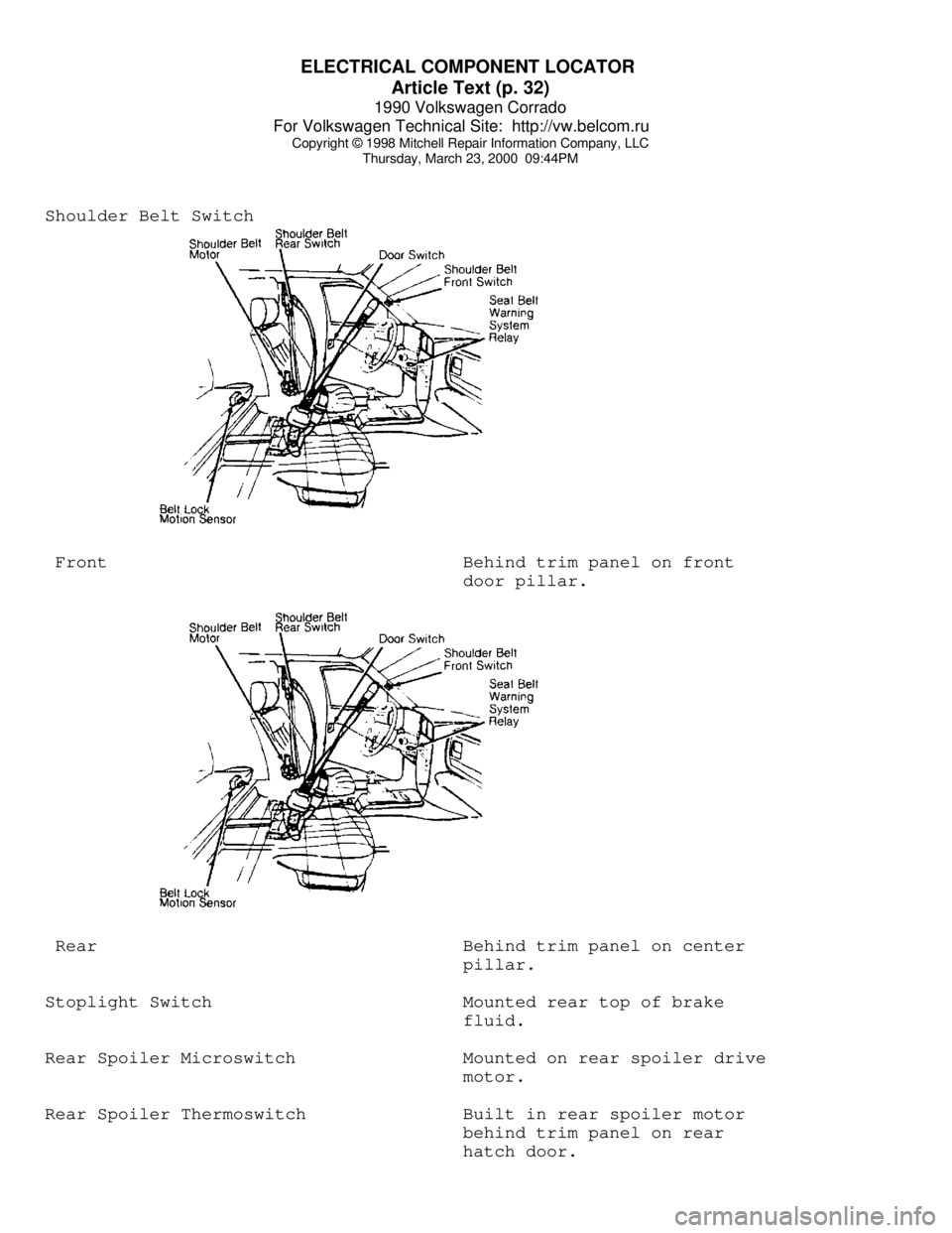 VOLKSWAGEN CORRADO 1990 Repair Manual ELECTRICAL COMPONENT LOCATOR
Article Text (p. 32)
1990 Volkswagen Corrado
For Volkswagen Technical Site: http://vw.belcom.ru
Copyright © 1998 Mitchell Repair Information Company, LLC
Thursday, VOLKSWAGEN CORRADO 1990 Repair Manual ELECTRICAL COMPONENT LOCATOR
Article Text (p. 32)
1990 Volkswagen Corrado
For Volkswagen Technical Site: http://vw.belcom.ru
Copyright © 1998 Mitchell Repair Information Company, LLC
Thursday,