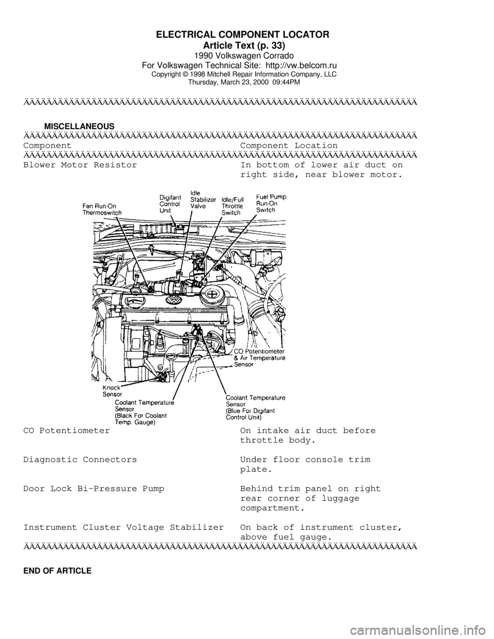 VOLKSWAGEN CORRADO 1990 Repair Manual ELECTRICAL COMPONENT LOCATOR
Article Text (p. 33)
1990 Volkswagen Corrado
For Volkswagen Technical Site: http://vw.belcom.ru
Copyright © 1998 Mitchell Repair Information Company, LLC
Thursday, VOLKSWAGEN CORRADO 1990 Repair Manual ELECTRICAL COMPONENT LOCATOR
Article Text (p. 33)
1990 Volkswagen Corrado
For Volkswagen Technical Site: http://vw.belcom.ru
Copyright © 1998 Mitchell Repair Information Company, LLC
Thursday,