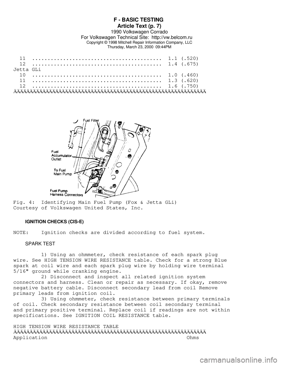 VOLKSWAGEN CORRADO 1990 Repair Manual F - BASIC TESTING
Article Text (p. 7)
1990 Volkswagen Corrado
For Volkswagen Technical Site: http://vw.belcom.ru
Copyright © 1998 Mitchell Repair Information Company, LLC
Thursday, March 23, 20 VOLKSWAGEN CORRADO 1990 Repair Manual F - BASIC TESTING
Article Text (p. 7)
1990 Volkswagen Corrado
For Volkswagen Technical Site: http://vw.belcom.ru
Copyright © 1998 Mitchell Repair Information Company, LLC
Thursday, March 23, 20