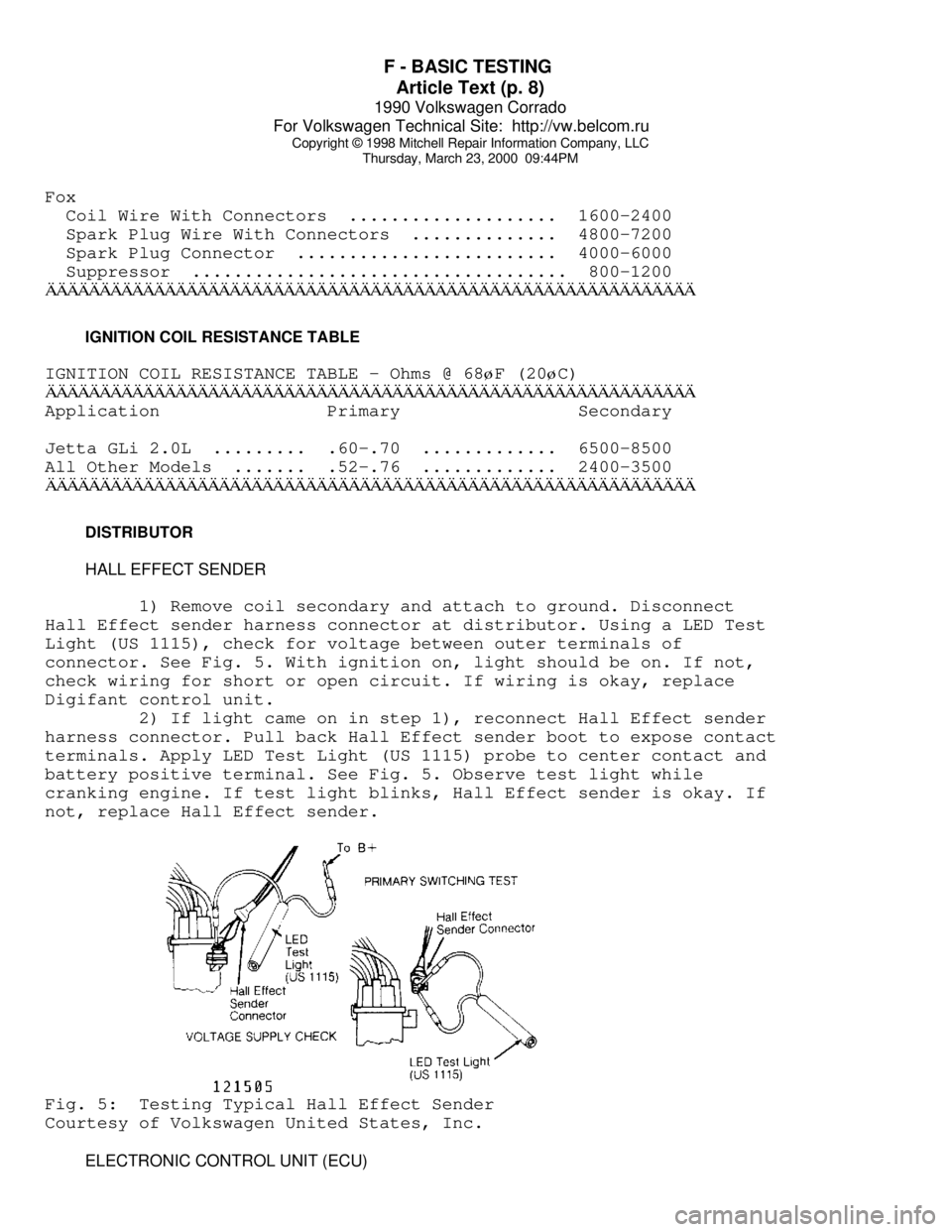 VOLKSWAGEN CORRADO 1990 Repair Manual F - BASIC TESTING
Article Text (p. 8)
1990 Volkswagen Corrado
For Volkswagen Technical Site: http://vw.belcom.ru
Copyright © 1998 Mitchell Repair Information Company, LLC
Thursday, March 23, 20 VOLKSWAGEN CORRADO 1990 Repair Manual F - BASIC TESTING
Article Text (p. 8)
1990 Volkswagen Corrado
For Volkswagen Technical Site: http://vw.belcom.ru
Copyright © 1998 Mitchell Repair Information Company, LLC
Thursday, March 23, 20
