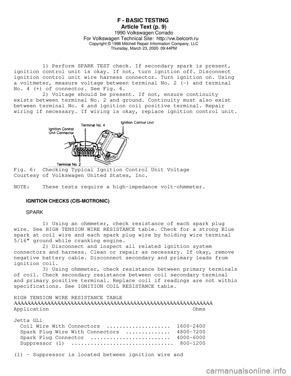 VOLKSWAGEN CORRADO 1990 Repair Manual F - BASIC TESTING
Article Text (p. 9)
1990 Volkswagen Corrado
For Volkswagen Technical Site: http://vw.belcom.ru
Copyright © 1998 Mitchell Repair Information Company, LLC
Thursday, March 23, 20 VOLKSWAGEN CORRADO 1990 Repair Manual F - BASIC TESTING
Article Text (p. 9)
1990 Volkswagen Corrado
For Volkswagen Technical Site: http://vw.belcom.ru
Copyright © 1998 Mitchell Repair Information Company, LLC
Thursday, March 23, 20