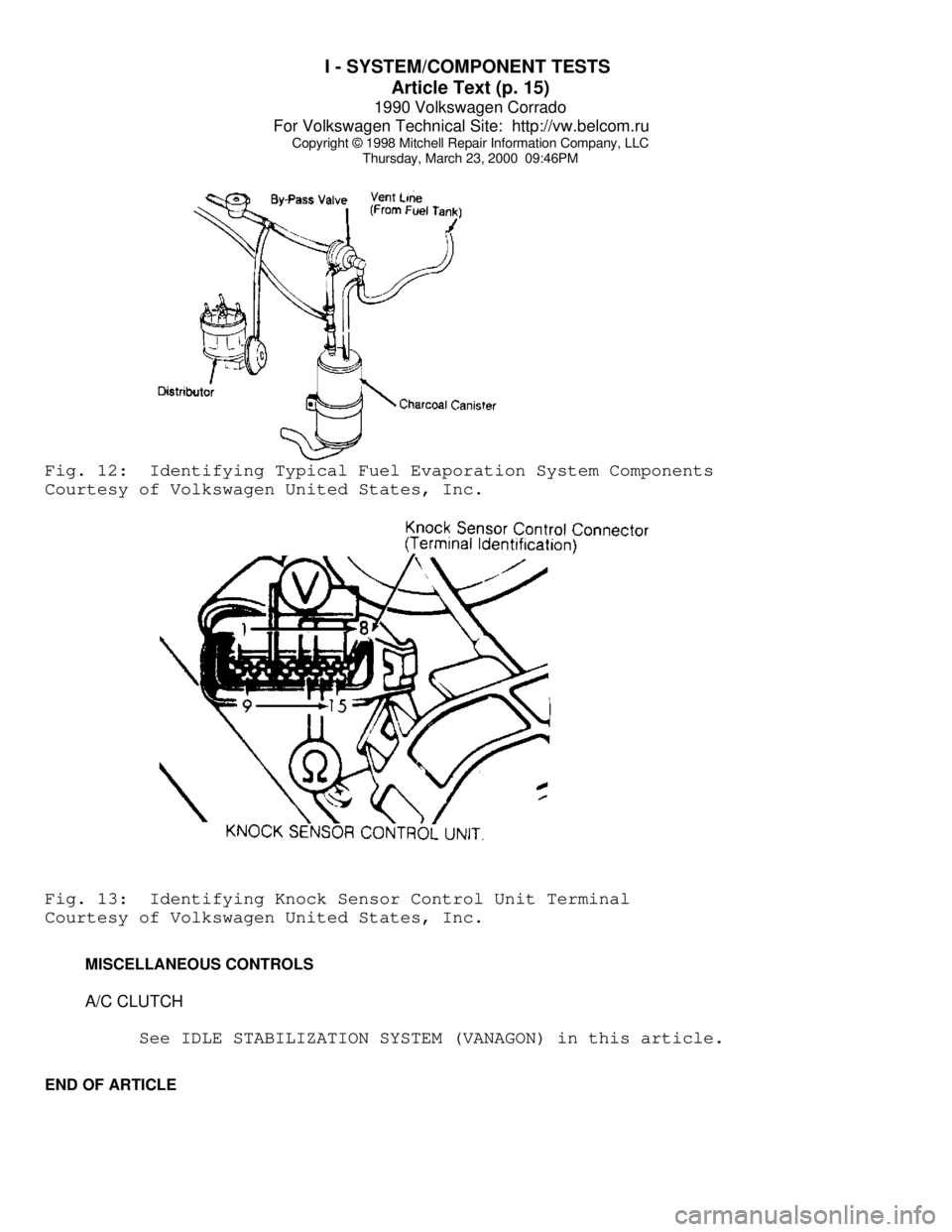 VOLKSWAGEN CORRADO 1990 Repair Manual I - SYSTEM/COMPONENT TESTS
Article Text (p. 15)
1990 Volkswagen Corrado
For Volkswagen Technical Site: http://vw.belcom.ru
Copyright © 1998 Mitchell Repair Information Company, LLC
Thursday, Ma VOLKSWAGEN CORRADO 1990 Repair Manual I - SYSTEM/COMPONENT TESTS
Article Text (p. 15)
1990 Volkswagen Corrado
For Volkswagen Technical Site: http://vw.belcom.ru
Copyright © 1998 Mitchell Repair Information Company, LLC
Thursday, Ma