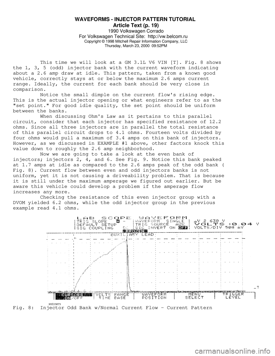VOLKSWAGEN CORRADO 1990  Repair Manual WAVEFORMS - INJECTOR PATTERN TUTORIAL 
Article Text (p. 19)
1990 Volkswagen Corrado
For Volkswagen Technical Site:  http://vw.belcom.ru    
Copyright © 1998 Mitchell Repair Information Company, LLC
T