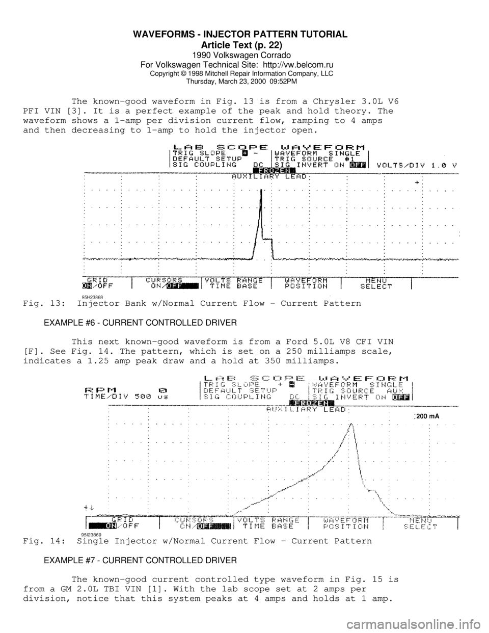 VOLKSWAGEN CORRADO 1990  Repair Manual WAVEFORMS - INJECTOR PATTERN TUTORIAL 
Article Text (p. 22)
1990 Volkswagen Corrado
For Volkswagen Technical Site:  http://vw.belcom.ru    
Copyright © 1998 Mitchell Repair Information Company, LLC
T
