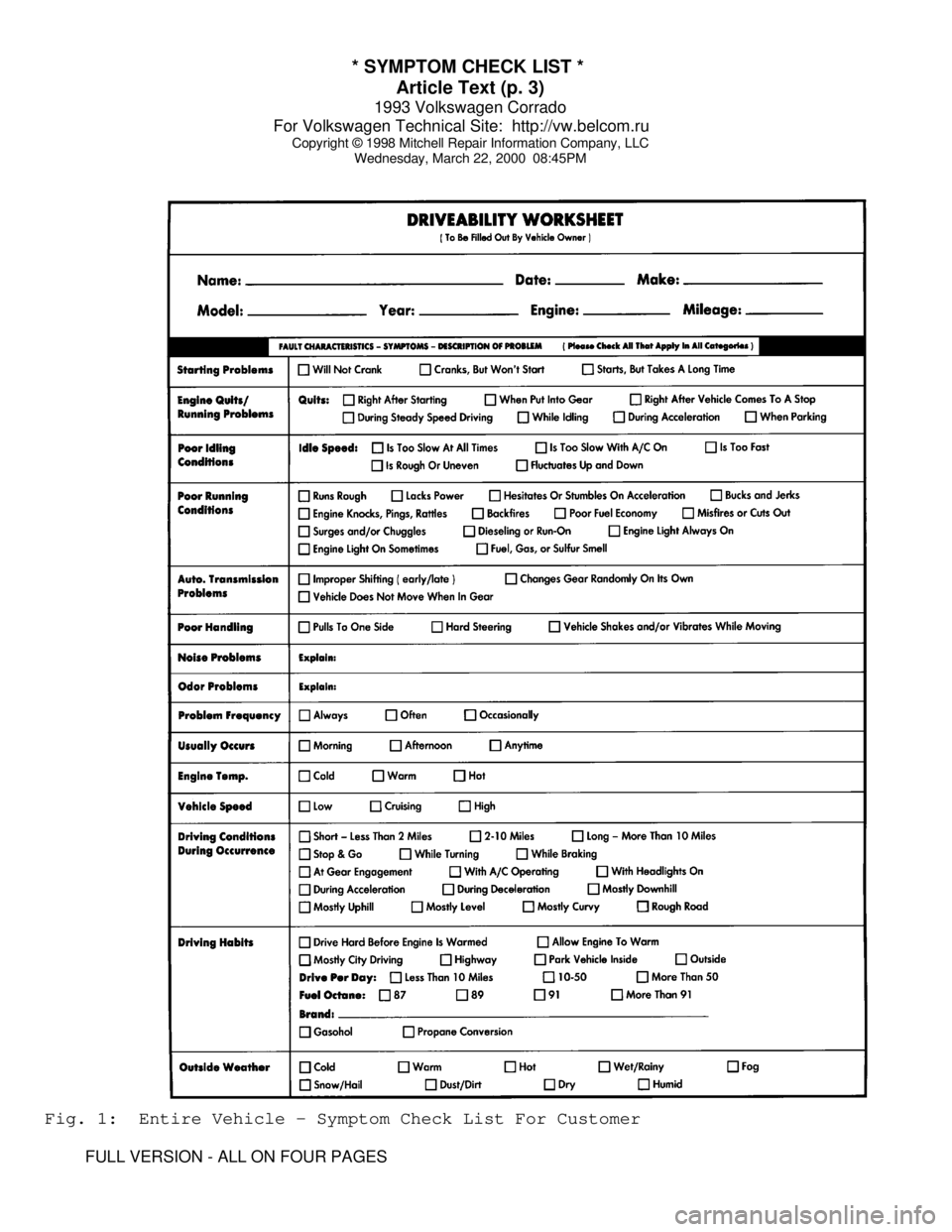VOLKSWAGEN CORRADO 1993  Repair Manual * SYMPTOM CHECK LIST * 
Article Text (p. 3)
1993 Volkswagen Corrado
For Volkswagen Technical Site:  http://vw.belcom.ru    
Copyright © 1998 Mitchell Repair Information Company, LLC
Wednesday, March 