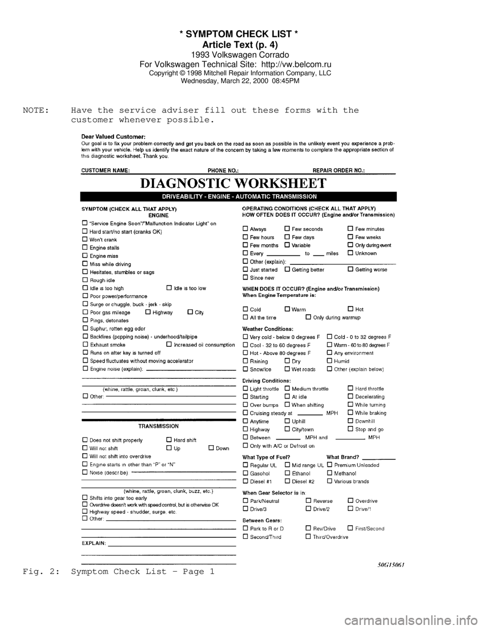 VOLKSWAGEN CORRADO 1993  Repair Manual * SYMPTOM CHECK LIST * 
Article Text (p. 4)
1993 Volkswagen Corrado
For Volkswagen Technical Site:  http://vw.belcom.ru    
Copyright © 1998 Mitchell Repair Information Company, LLC
Wednesday, March 