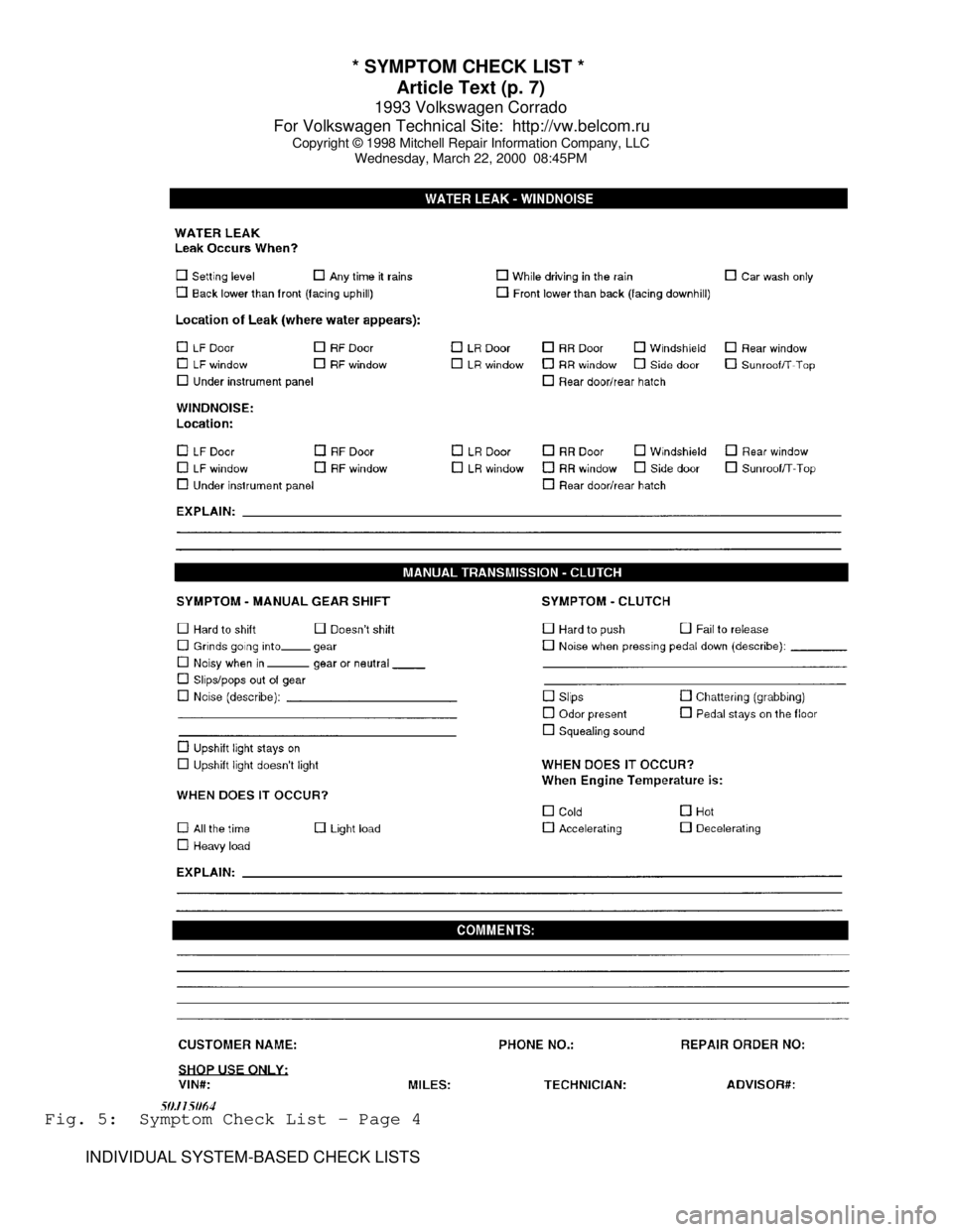 VOLKSWAGEN CORRADO 1993  Repair Manual * SYMPTOM CHECK LIST * 
Article Text (p. 7)
1993 Volkswagen Corrado
For Volkswagen Technical Site:  http://vw.belcom.ru    
Copyright © 1998 Mitchell Repair Information Company, LLC
Wednesday, March 