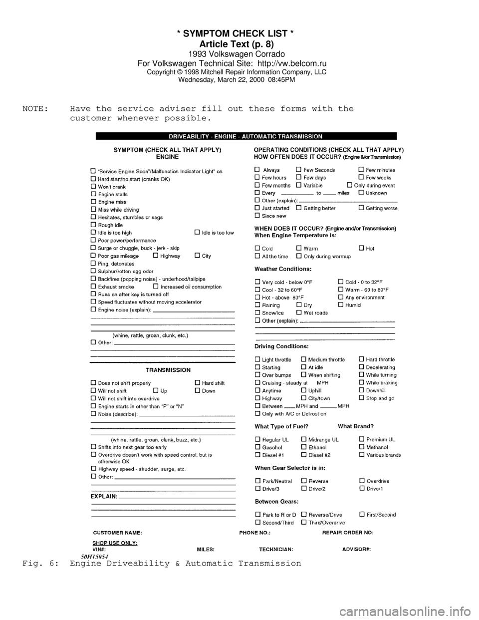 VOLKSWAGEN CORRADO 1993  Repair Manual * SYMPTOM CHECK LIST * 
Article Text (p. 8)
1993 Volkswagen Corrado
For Volkswagen Technical Site:  http://vw.belcom.ru    
Copyright © 1998 Mitchell Repair Information Company, LLC
Wednesday, March 