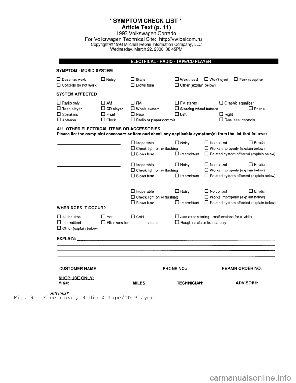 VOLKSWAGEN CORRADO 1993  Repair Manual * SYMPTOM CHECK LIST * 
Article Text (p. 11)
1993 Volkswagen Corrado
For Volkswagen Technical Site:  http://vw.belcom.ru    
Copyright © 1998 Mitchell Repair Information Company, LLC
Wednesday, March