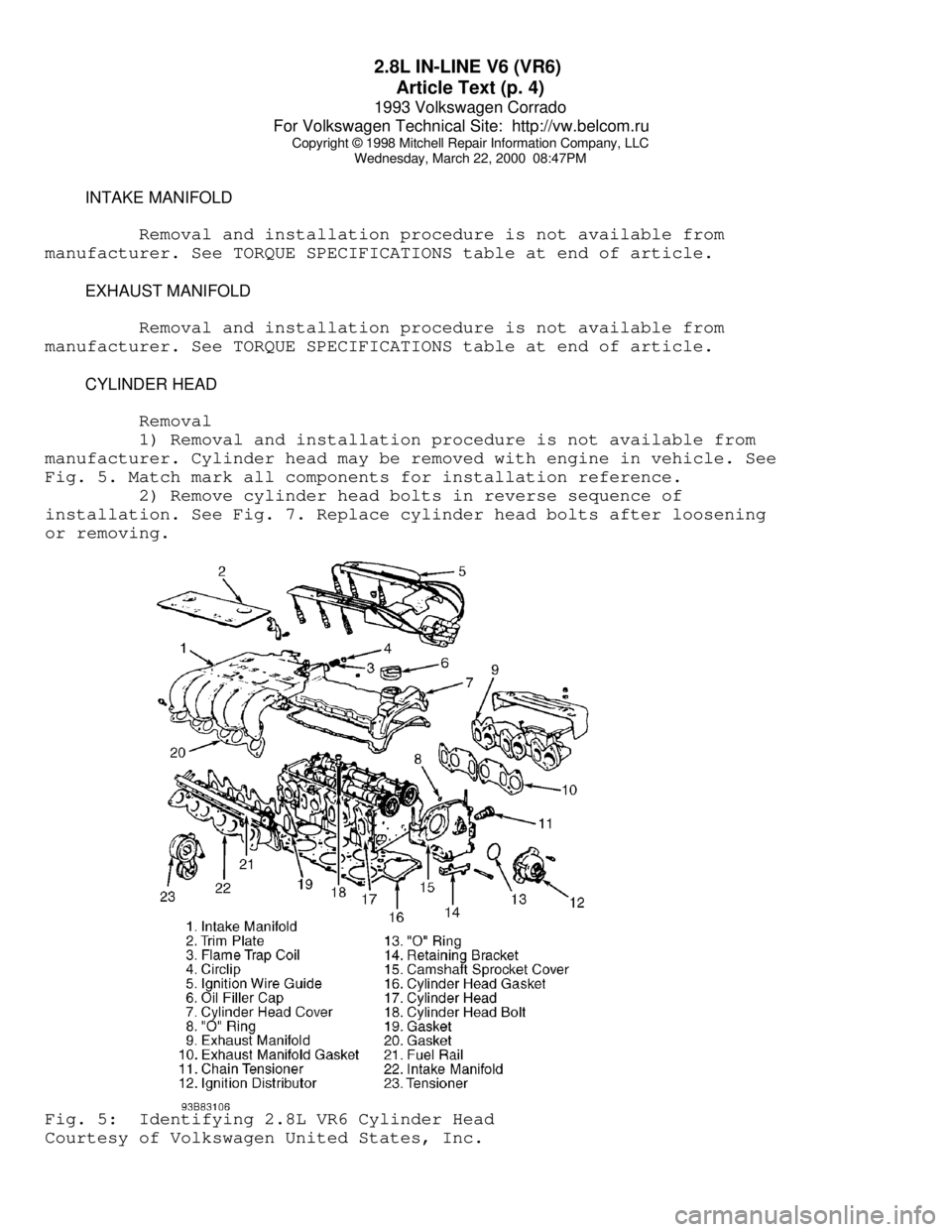 VOLKSWAGEN CORRADO 1993 Repair Manual 2.8L IN-LINE V6 (VR6)
Article Text (p. 4)
1993 Volkswagen Corrado
For Volkswagen Technical Site: http://vw.belcom.ru
Copyright © 1998 Mitchell Repair Information Company, LLC
Wednesday, March 2 VOLKSWAGEN CORRADO 1993 Repair Manual 2.8L IN-LINE V6 (VR6)
Article Text (p. 4)
1993 Volkswagen Corrado
For Volkswagen Technical Site: http://vw.belcom.ru
Copyright © 1998 Mitchell Repair Information Company, LLC
Wednesday, March 2