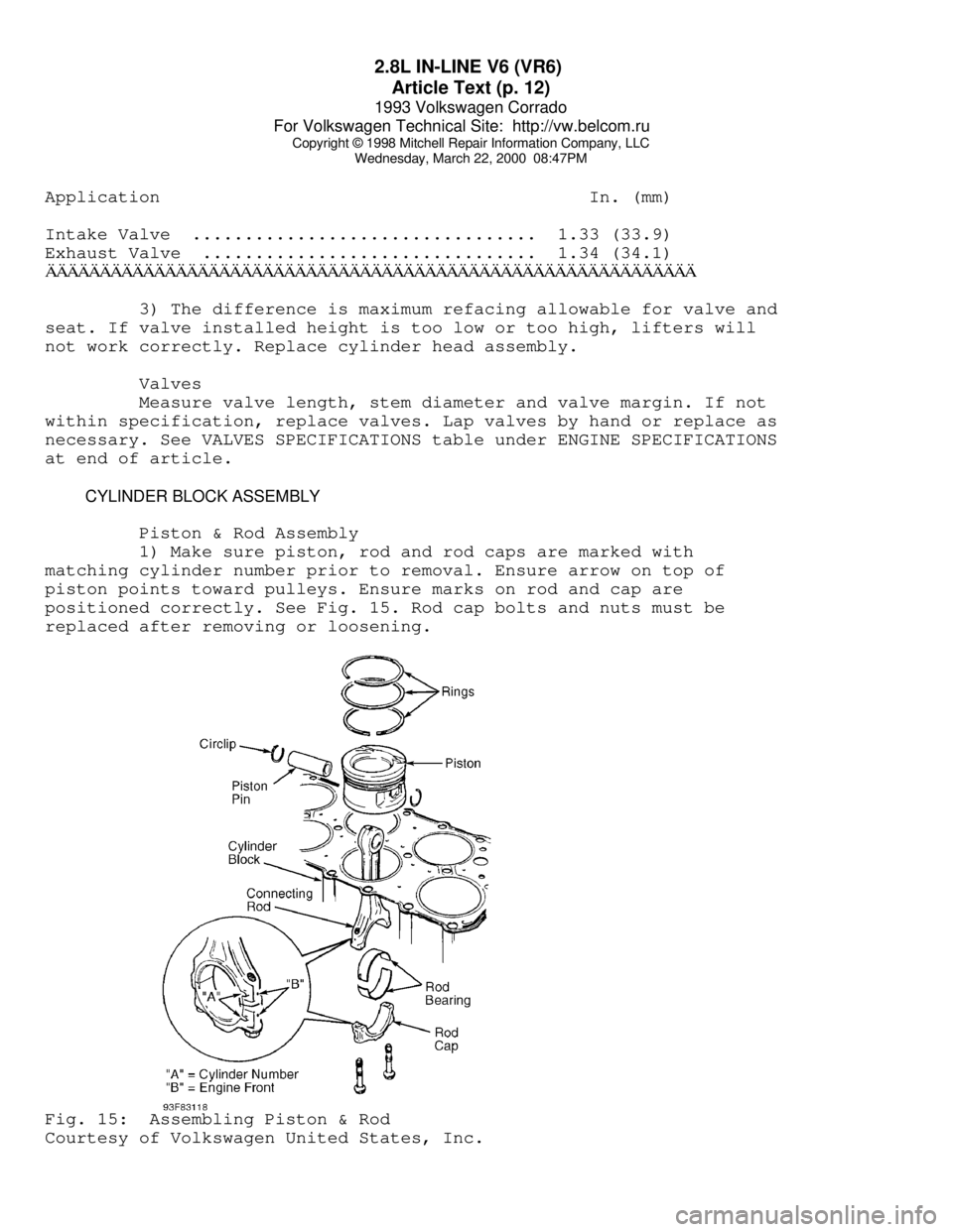 VOLKSWAGEN CORRADO 1993 Repair Manual 2.8L IN-LINE V6 (VR6)
Article Text (p. 12)
1993 Volkswagen Corrado
For Volkswagen Technical Site: http://vw.belcom.ru
Copyright © 1998 Mitchell Repair Information Company, LLC
Wednesday, March VOLKSWAGEN CORRADO 1993 Repair Manual 2.8L IN-LINE V6 (VR6)
Article Text (p. 12)
1993 Volkswagen Corrado
For Volkswagen Technical Site: http://vw.belcom.ru
Copyright © 1998 Mitchell Repair Information Company, LLC
Wednesday, March