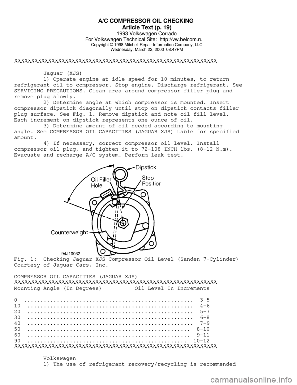 VOLKSWAGEN CORRADO 1993  Repair Manual A/C COMPRESSOR OIL CHECKING 
Article Text (p. 19)
1993 Volkswagen Corrado
For Volkswagen Technical Site:  http://vw.belcom.ru    
Copyright © 1998 Mitchell Repair Information Company, LLC
Wednesday, 