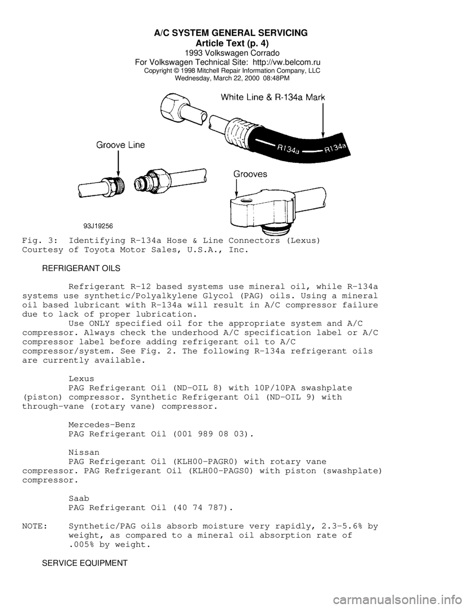 VOLKSWAGEN CORRADO 1993  Repair Manual A/C SYSTEM GENERAL SERVICING 
Article Text (p. 4)
1993 Volkswagen Corrado
For Volkswagen Technical Site:  http://vw.belcom.ru    
Copyright © 1998 Mitchell Repair Information Company, LLC
Wednesday, 