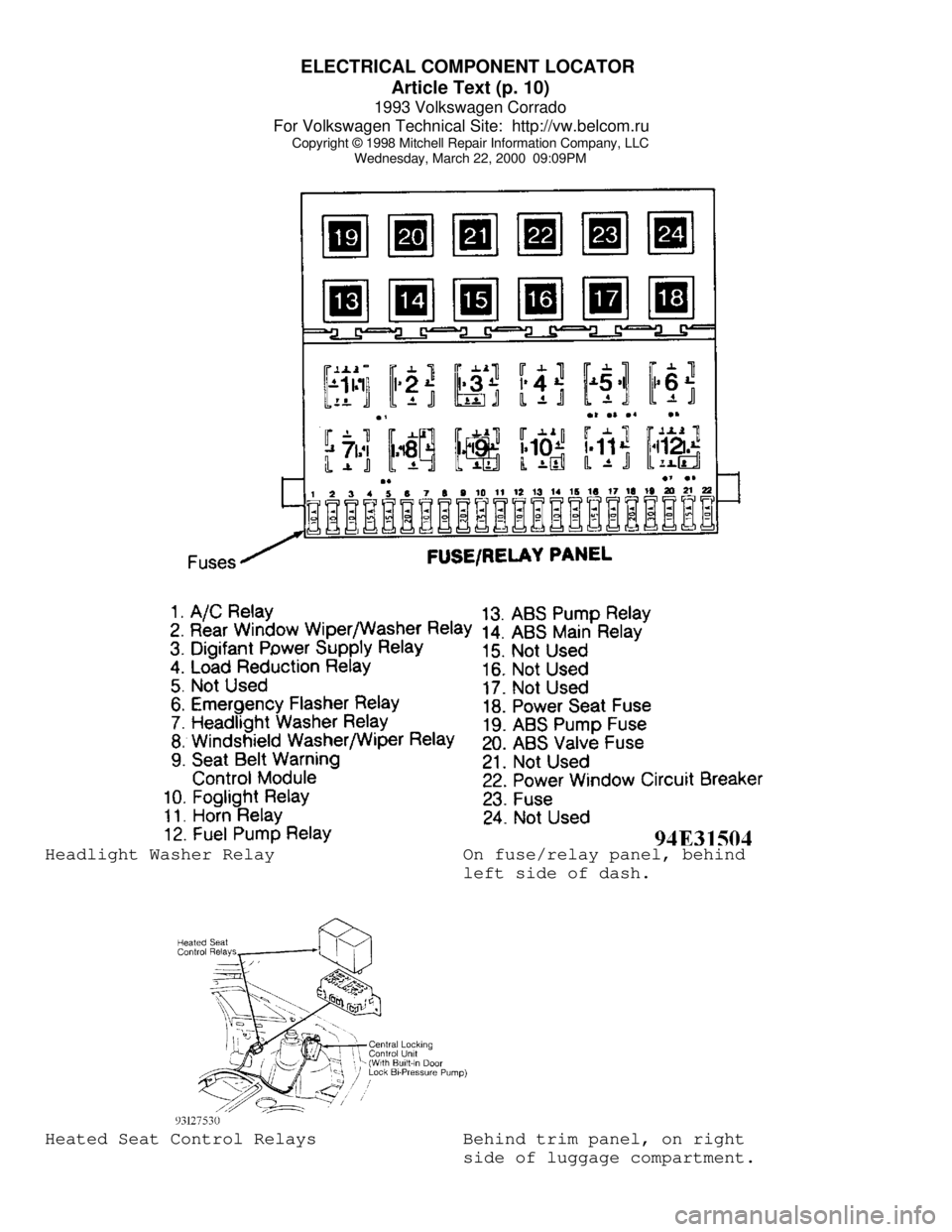 VOLKSWAGEN CORRADO 1993  Repair Manual ELECTRICAL COMPONENT LOCATOR 
Article Text (p. 10)
1993 Volkswagen Corrado
For Volkswagen Technical Site:  http://vw.belcom.ru    
Copyright © 1998 Mitchell Repair Information Company, LLC
Wednesday,