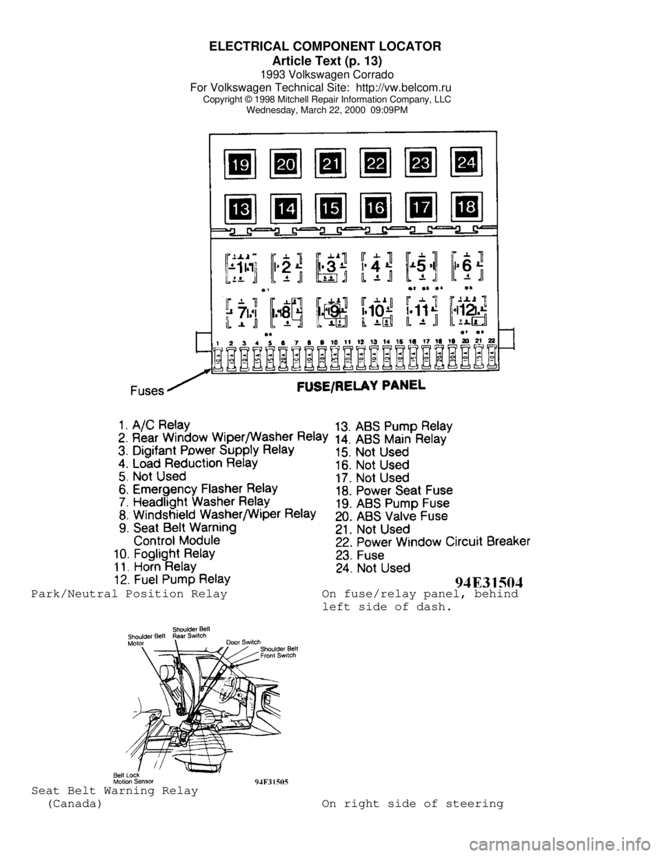 VOLKSWAGEN CORRADO 1993  Repair Manual ELECTRICAL COMPONENT LOCATOR 
Article Text (p. 13)
1993 Volkswagen Corrado
For Volkswagen Technical Site:  http://vw.belcom.ru    
Copyright © 1998 Mitchell Repair Information Company, LLC
Wednesday,
