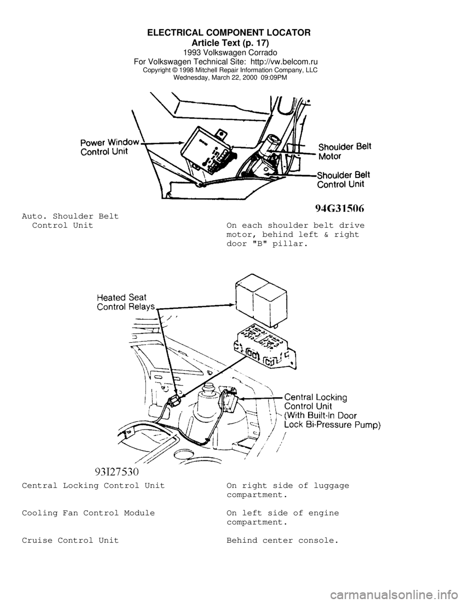 VOLKSWAGEN CORRADO 1993  Repair Manual ELECTRICAL COMPONENT LOCATOR 
Article Text (p. 17)
1993 Volkswagen Corrado
For Volkswagen Technical Site:  http://vw.belcom.ru    
Copyright © 1998 Mitchell Repair Information Company, LLC
Wednesday,