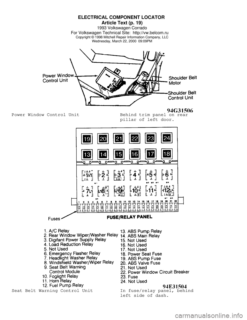 VOLKSWAGEN CORRADO 1993  Repair Manual ELECTRICAL COMPONENT LOCATOR 
Article Text (p. 19)
1993 Volkswagen Corrado
For Volkswagen Technical Site:  http://vw.belcom.ru    
Copyright © 1998 Mitchell Repair Information Company, LLC
Wednesday,