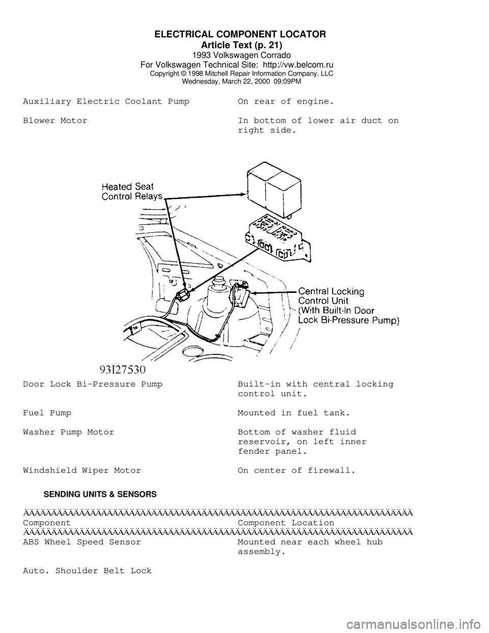 VOLKSWAGEN CORRADO 1993  Repair Manual ELECTRICAL COMPONENT LOCATOR 
Article Text (p. 21)
1993 Volkswagen Corrado
For Volkswagen Technical Site:  http://vw.belcom.ru    
Copyright © 1998 Mitchell Repair Information Company, LLC
Wednesday,