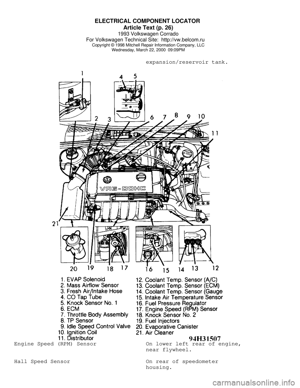 VOLKSWAGEN CORRADO 1993  Repair Manual ELECTRICAL COMPONENT LOCATOR 
Article Text (p. 26)
1993 Volkswagen Corrado
For Volkswagen Technical Site:  http://vw.belcom.ru    
Copyright © 1998 Mitchell Repair Information Company, LLC
Wednesday,