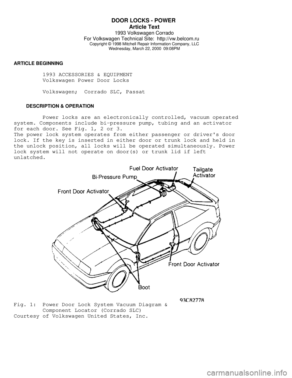 VOLKSWAGEN CORRADO 1993 Repair Manual DOOR LOCKS - POWER
Article Text
1993 Volkswagen Corrado
For Volkswagen Technical Site: http://vw.belcom.ru
Copyright © 1998 Mitchell Repair Information Company, LLC
Wednesday, March 22, 2000 0 VOLKSWAGEN CORRADO 1993 Repair Manual DOOR LOCKS - POWER
Article Text
1993 Volkswagen Corrado
For Volkswagen Technical Site: http://vw.belcom.ru
Copyright © 1998 Mitchell Repair Information Company, LLC
Wednesday, March 22, 2000 0
