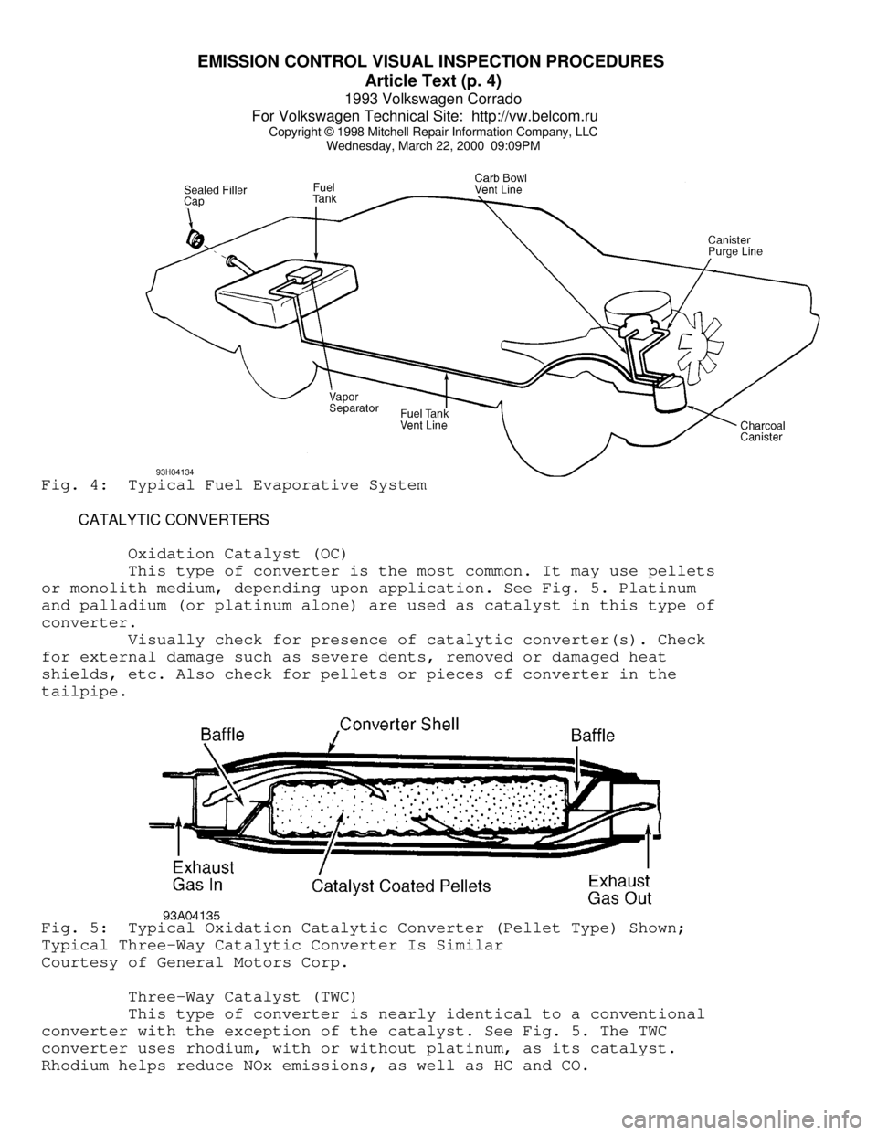 VOLKSWAGEN CORRADO 1993 Repair Manual EMISSION CONTROL VISUAL INSPECTION PROCEDURES
Article Text (p. 4)
1993 Volkswagen Corrado
For Volkswagen Technical Site: http://vw.belcom.ru
Copyright © 1998 Mitchell Repair Information Company VOLKSWAGEN CORRADO 1993 Repair Manual EMISSION CONTROL VISUAL INSPECTION PROCEDURES
Article Text (p. 4)
1993 Volkswagen Corrado
For Volkswagen Technical Site: http://vw.belcom.ru
Copyright © 1998 Mitchell Repair Information Company