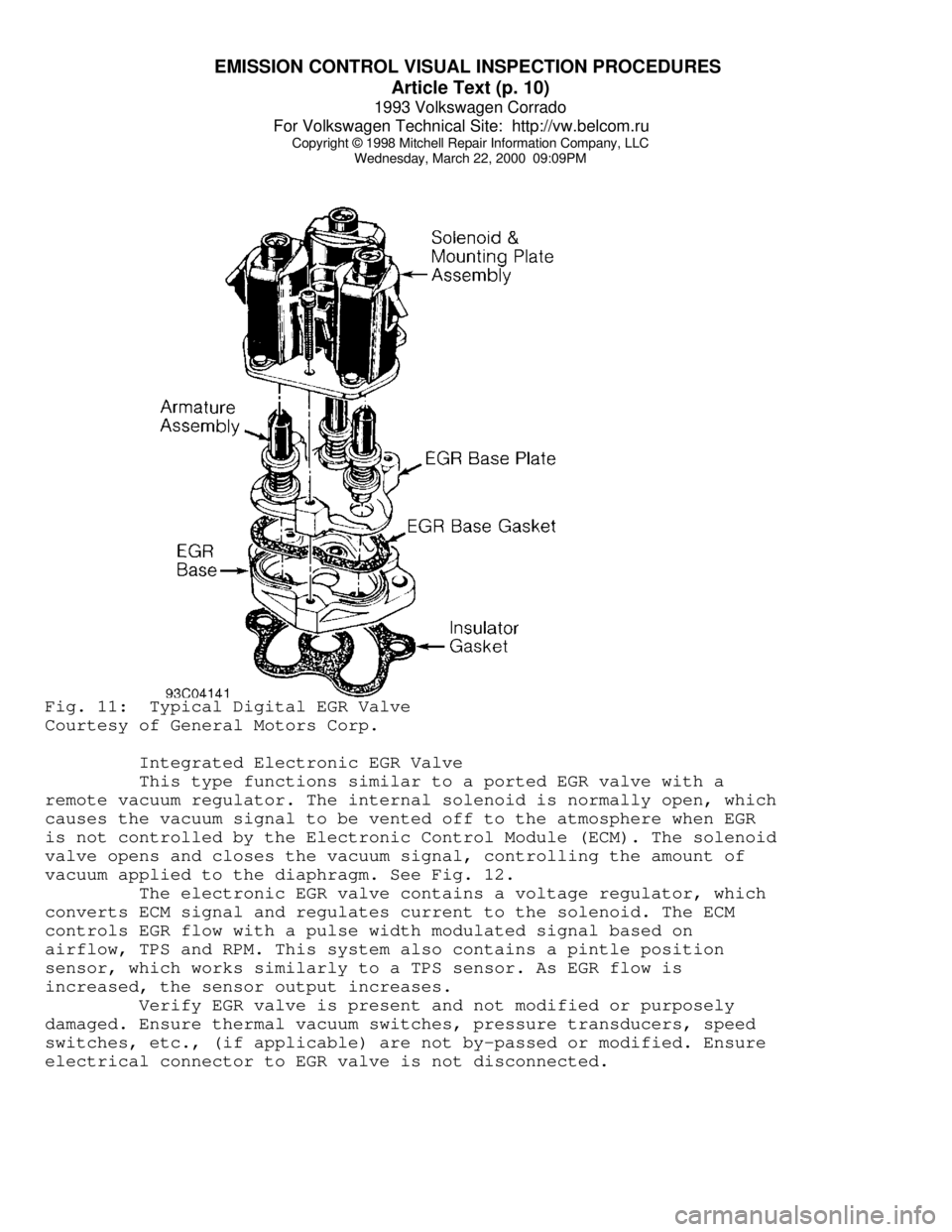 VOLKSWAGEN CORRADO 1993  Repair Manual EMISSION CONTROL VISUAL INSPECTION PROCEDURES 
Article Text (p. 10)
1993 Volkswagen Corrado
For Volkswagen Technical Site:  http://vw.belcom.ru    
Copyright © 1998 Mitchell Repair Information Compan