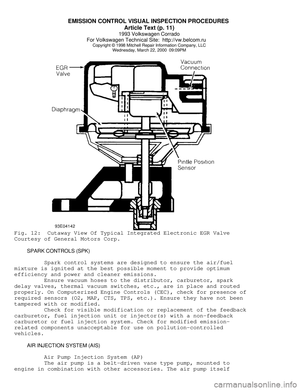 VOLKSWAGEN CORRADO 1993  Repair Manual EMISSION CONTROL VISUAL INSPECTION PROCEDURES 
Article Text (p. 11)
1993 Volkswagen Corrado
For Volkswagen Technical Site:  http://vw.belcom.ru    
Copyright © 1998 Mitchell Repair Information Compan
