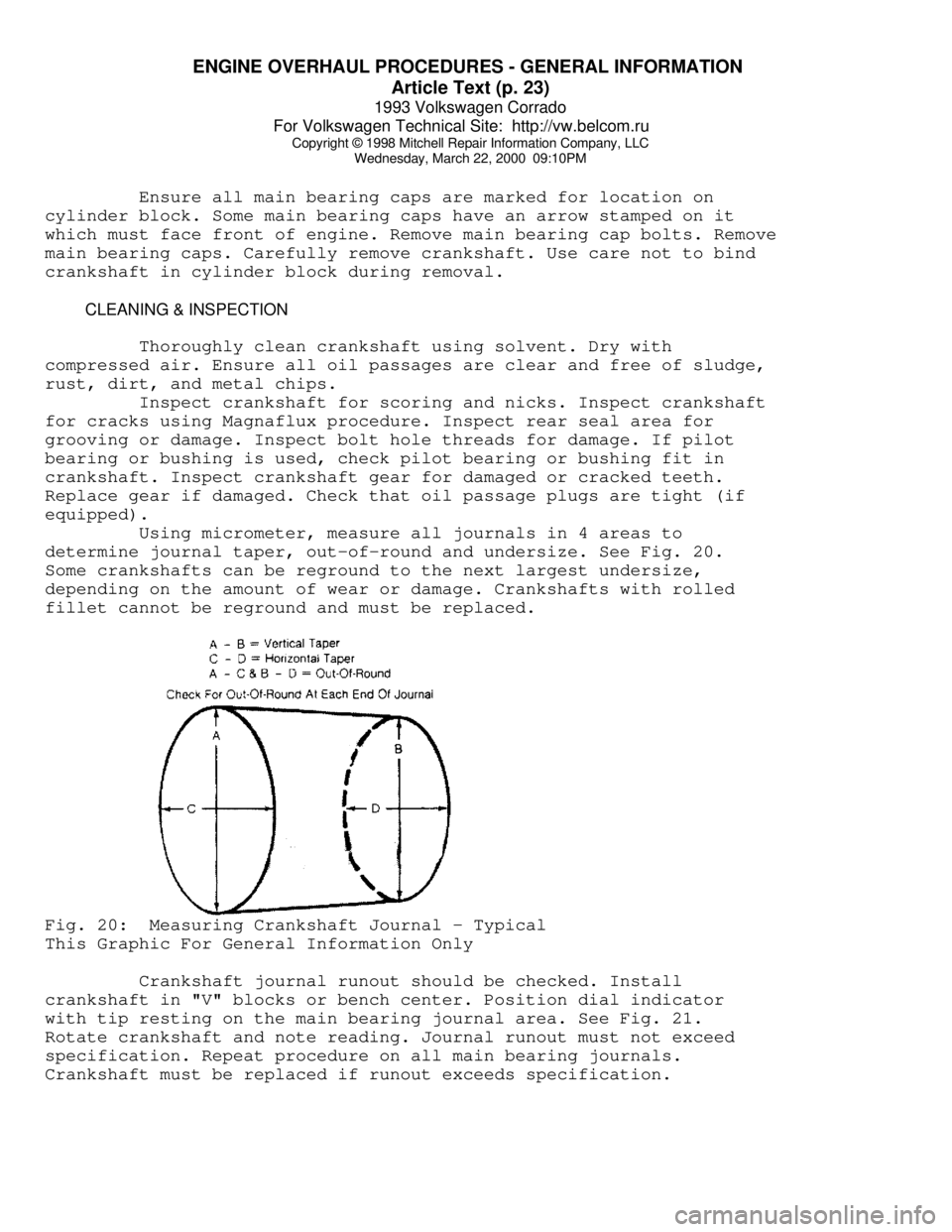 VOLKSWAGEN CORRADO 1993  Repair Manual ENGINE OVERHAUL PROCEDURES - GENERAL INFORMATION 
Article Text (p. 23)
1993 Volkswagen Corrado
For Volkswagen Technical Site:  http://vw.belcom.ru    
Copyright © 1998 Mitchell Repair Information Com
