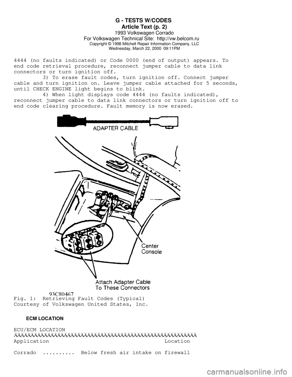 VOLKSWAGEN CORRADO 1993 Repair Manual G - TESTS W/CODES
Article Text (p. 2)
1993 Volkswagen Corrado
For Volkswagen Technical Site: http://vw.belcom.ru
Copyright © 1998 Mitchell Repair Information Company, LLC
Wednesday, March 22, 2 VOLKSWAGEN CORRADO 1993 Repair Manual G - TESTS W/CODES
Article Text (p. 2)
1993 Volkswagen Corrado
For Volkswagen Technical Site: http://vw.belcom.ru
Copyright © 1998 Mitchell Repair Information Company, LLC
Wednesday, March 22, 2
