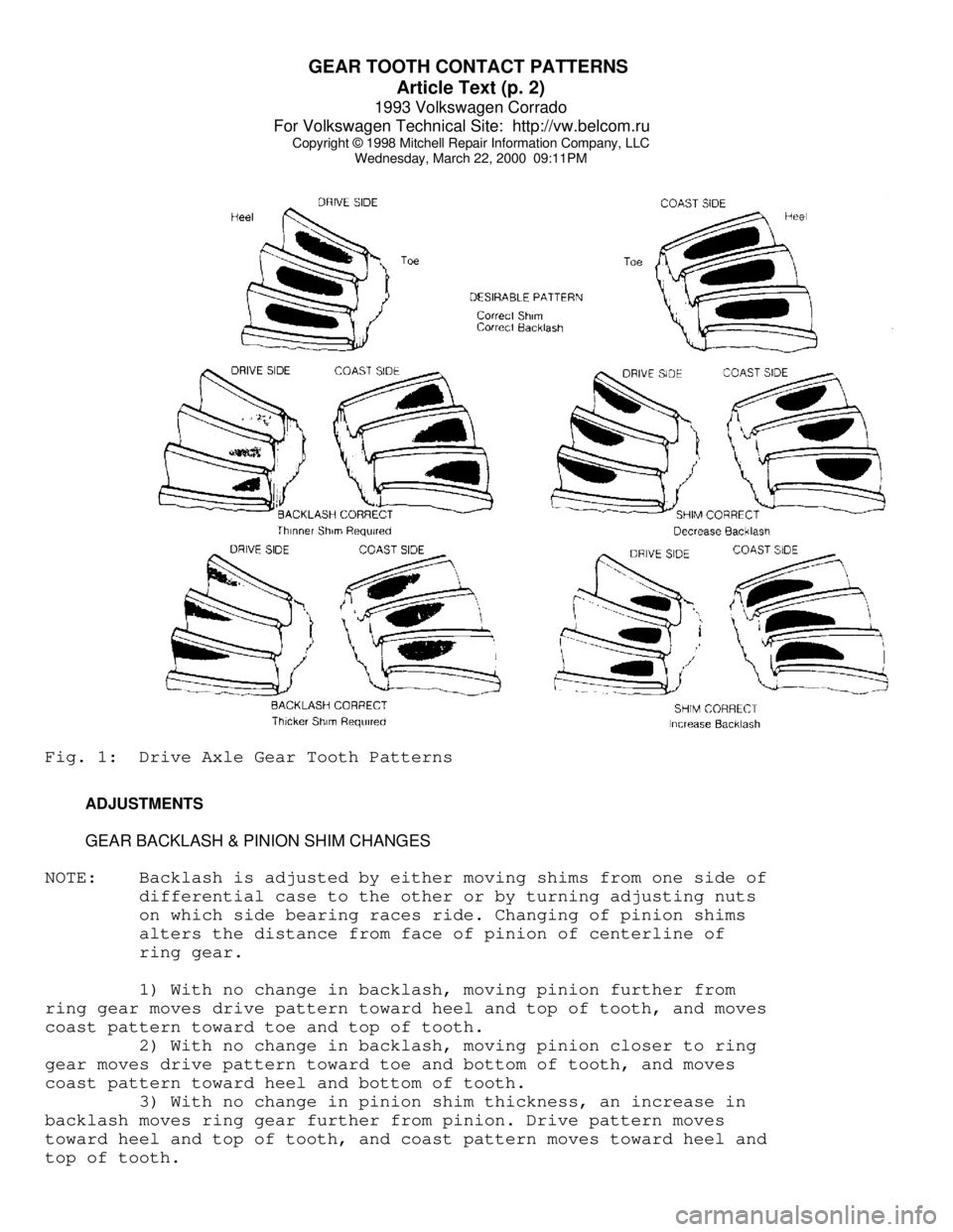 VOLKSWAGEN CORRADO 1993 Repair Manual GEAR TOOTH CONTACT PATTERNS
Article Text (p. 2)
1993 Volkswagen Corrado
For Volkswagen Technical Site: http://vw.belcom.ru
Copyright © 1998 Mitchell Repair Information Company, LLC
Wednesday, M VOLKSWAGEN CORRADO 1993 Repair Manual GEAR TOOTH CONTACT PATTERNS
Article Text (p. 2)
1993 Volkswagen Corrado
For Volkswagen Technical Site: http://vw.belcom.ru
Copyright © 1998 Mitchell Repair Information Company, LLC
Wednesday, M