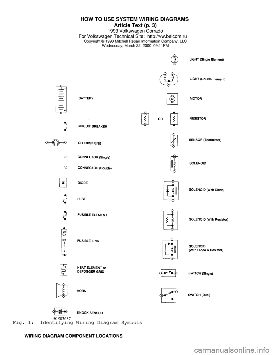 VOLKSWAGEN CORRADO 1993  Repair Manual HOW TO USE SYSTEM WIRING DIAGRAMS 
Article Text (p. 3)
1993 Volkswagen Corrado
For Volkswagen Technical Site:  http://vw.belcom.ru    
Copyright © 1998 Mitchell Repair Information Company, LLC
Wednes