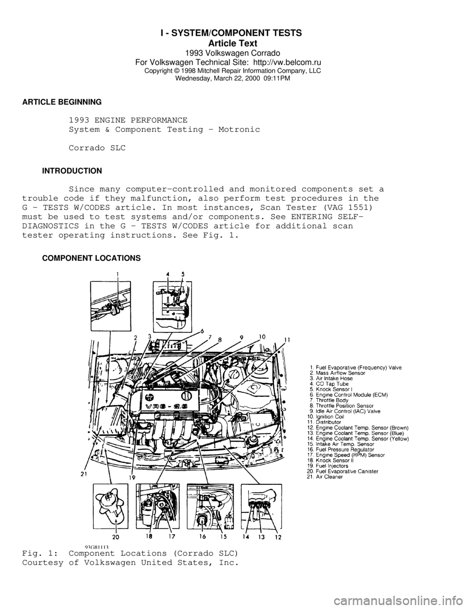 VOLKSWAGEN CORRADO 1993  Repair Manual I - SYSTEM/COMPONENT TESTS 
Article Text
1993 Volkswagen Corrado
For Volkswagen Technical Site:  http://vw.belcom.ru    
Copyright © 1998 Mitchell Repair Information Company, LLC
Wednesday, March 22,